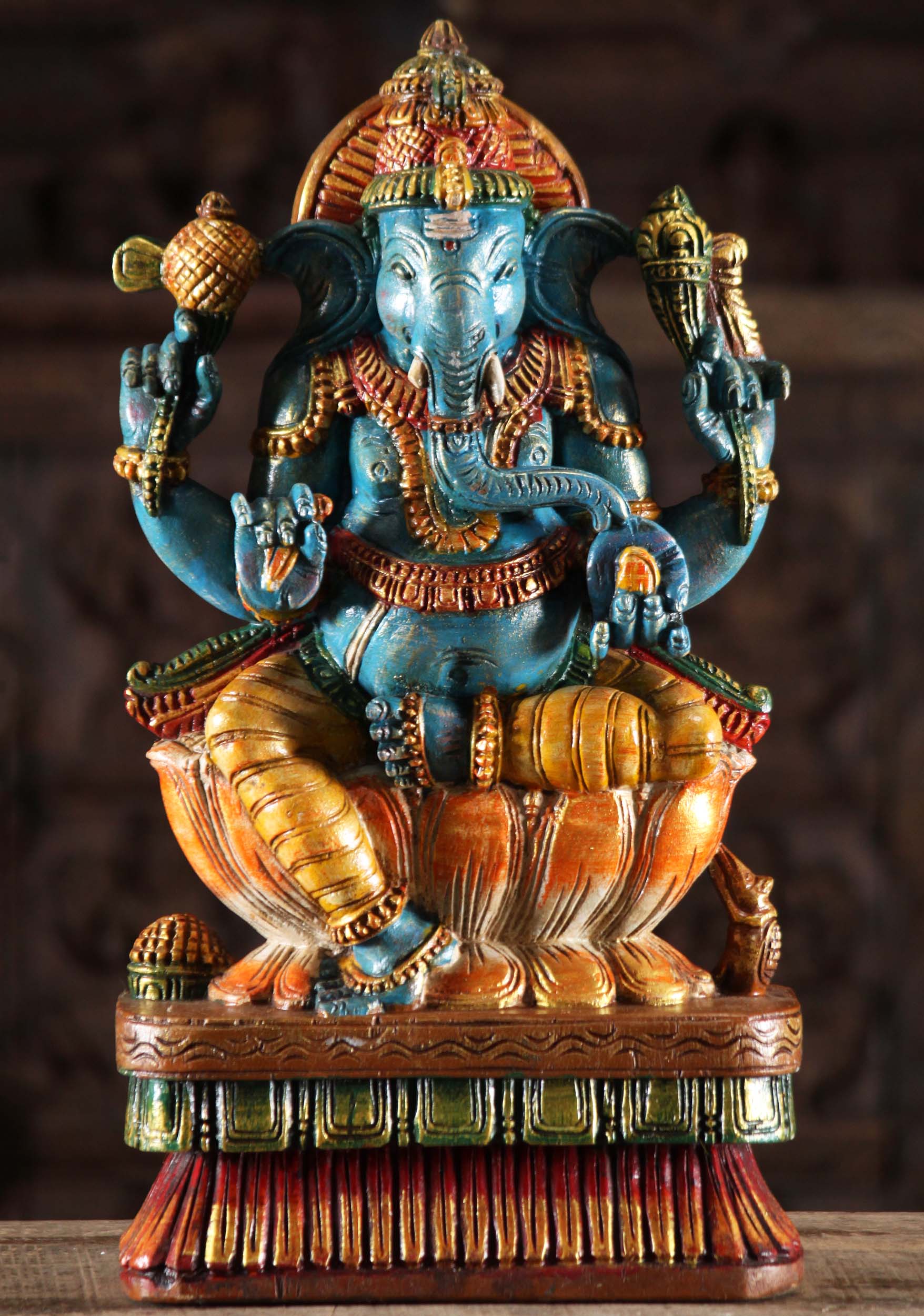 Painted Wooden Blue Ganapathi Statue 18"