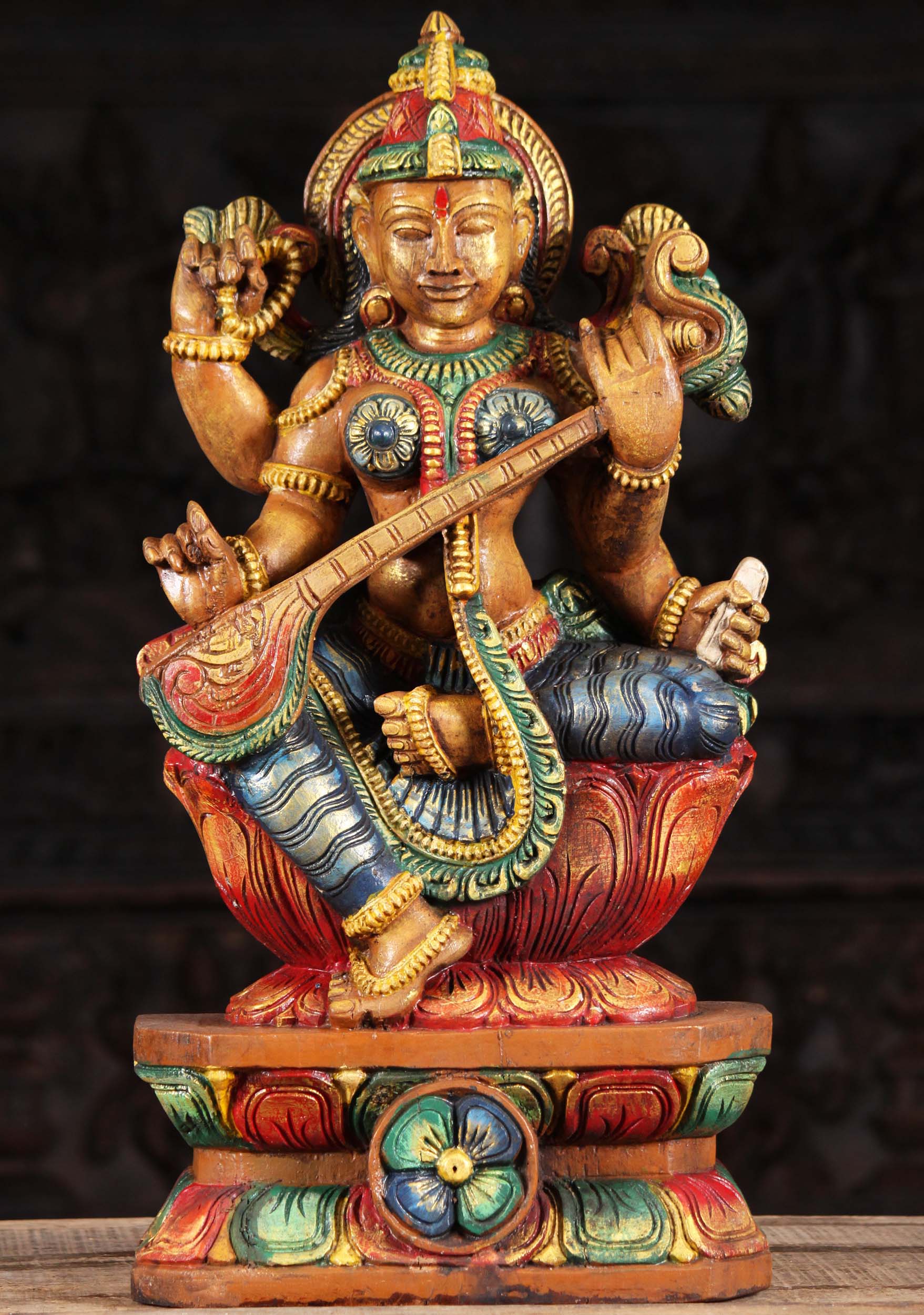 Wood Goddess Saraswati Playing the Veena 24"