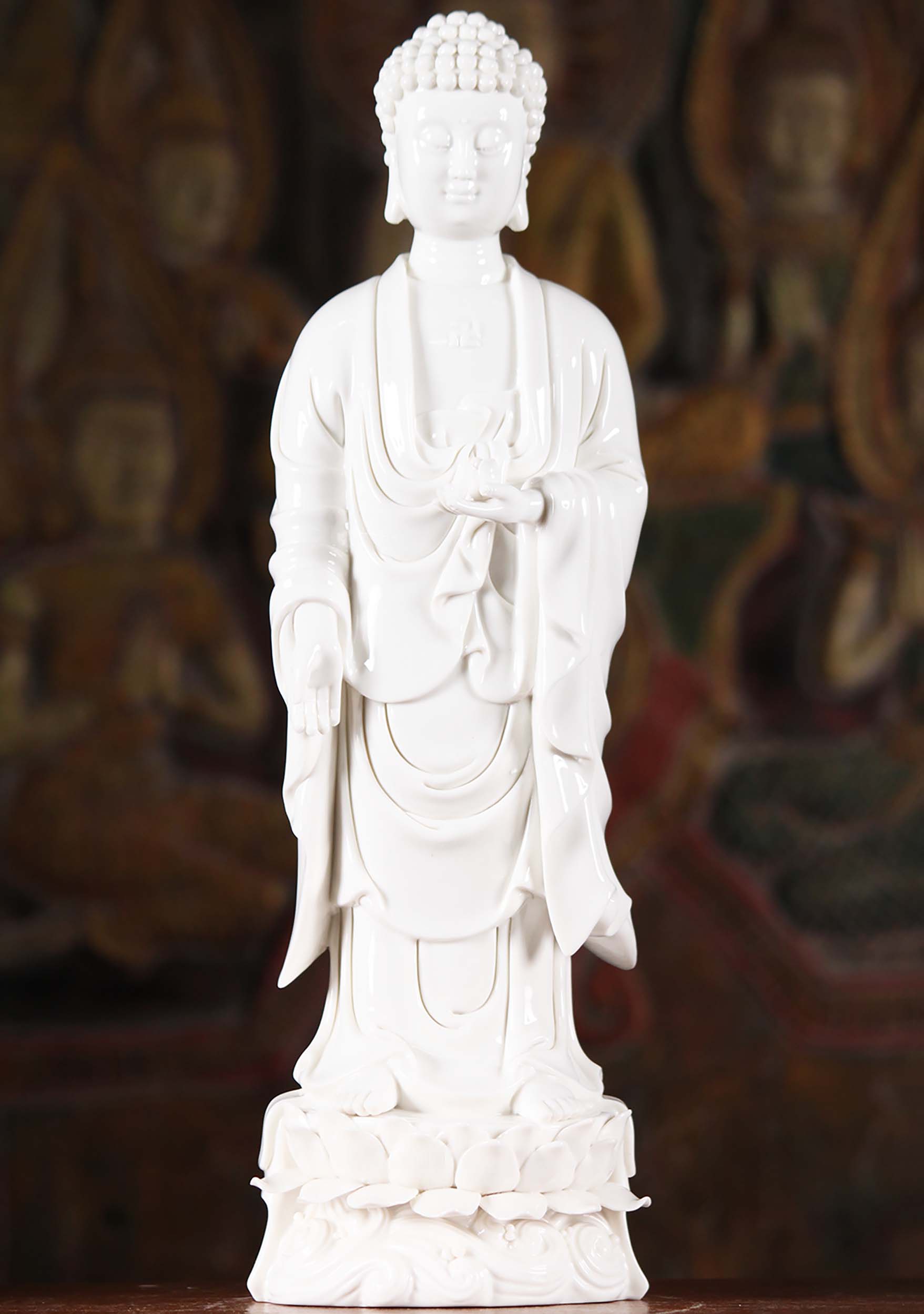 White Porcelain Buddha Statue Holding Flower 15"