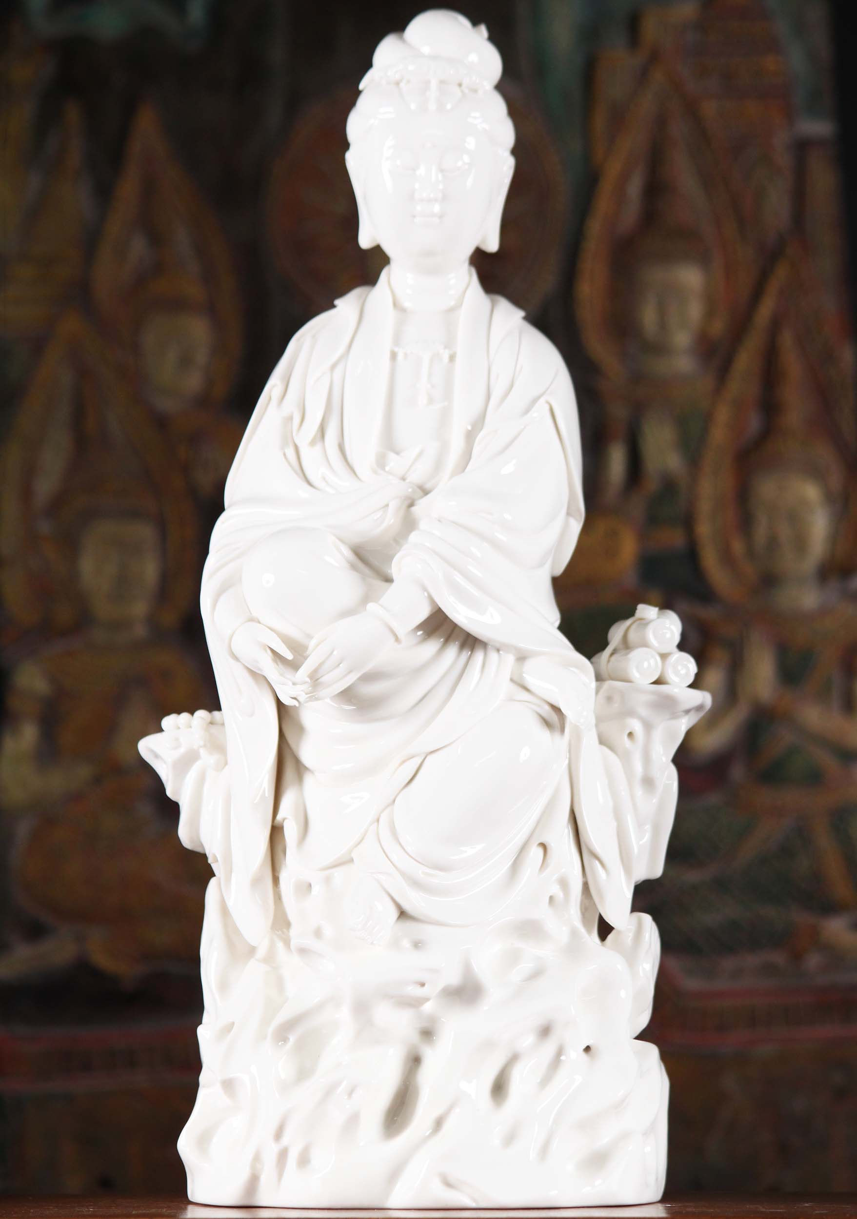 Porcelain Statue of Bodhisattva Kwan Yin Seated on Rocky Crag with Malas & Buddhist Scrolls 20"