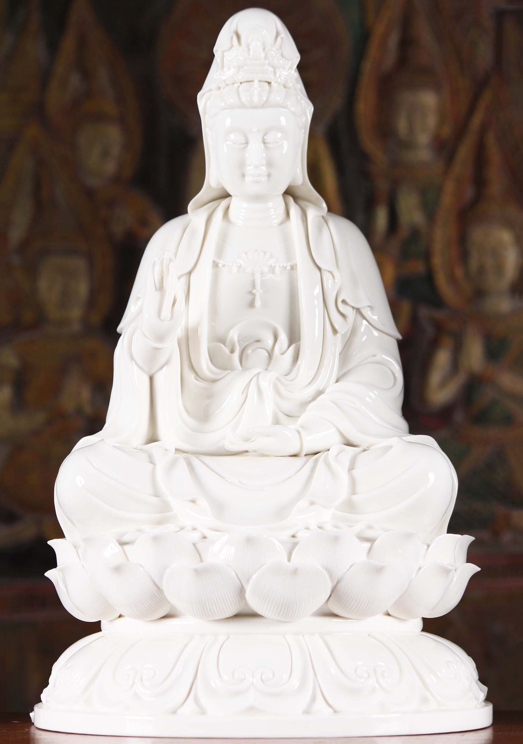 Porcelain Kwan Yin Seated With Full Lotus Base 16"