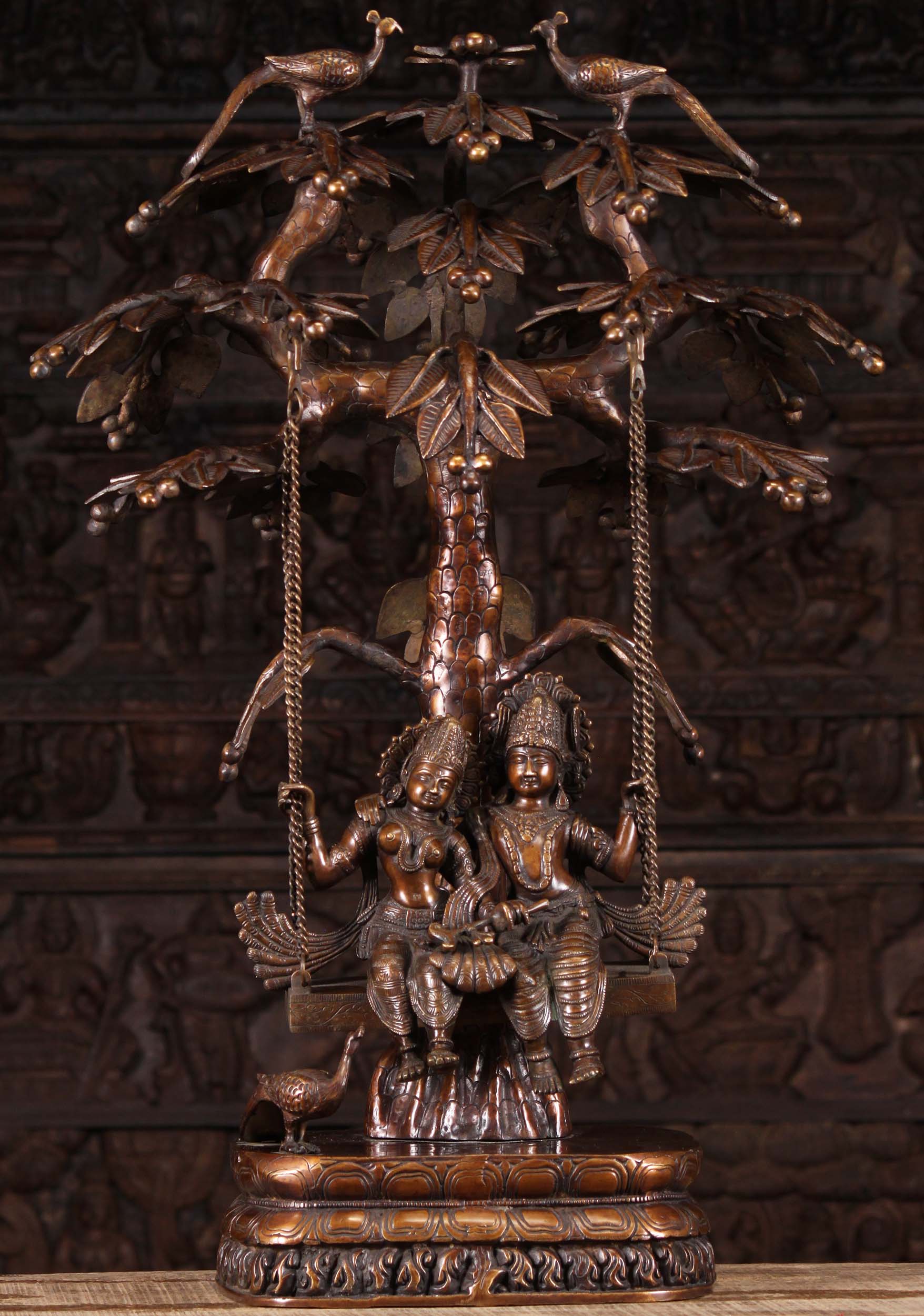 Brass Radha Krishna in Loving Embrace Statue Seated on Swing with Peacock 34"