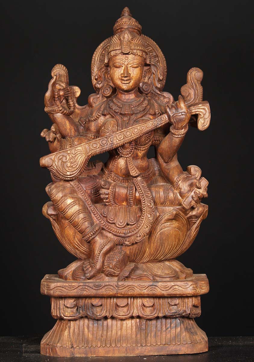 Wood Saraswati Playing Veena Carving 24"