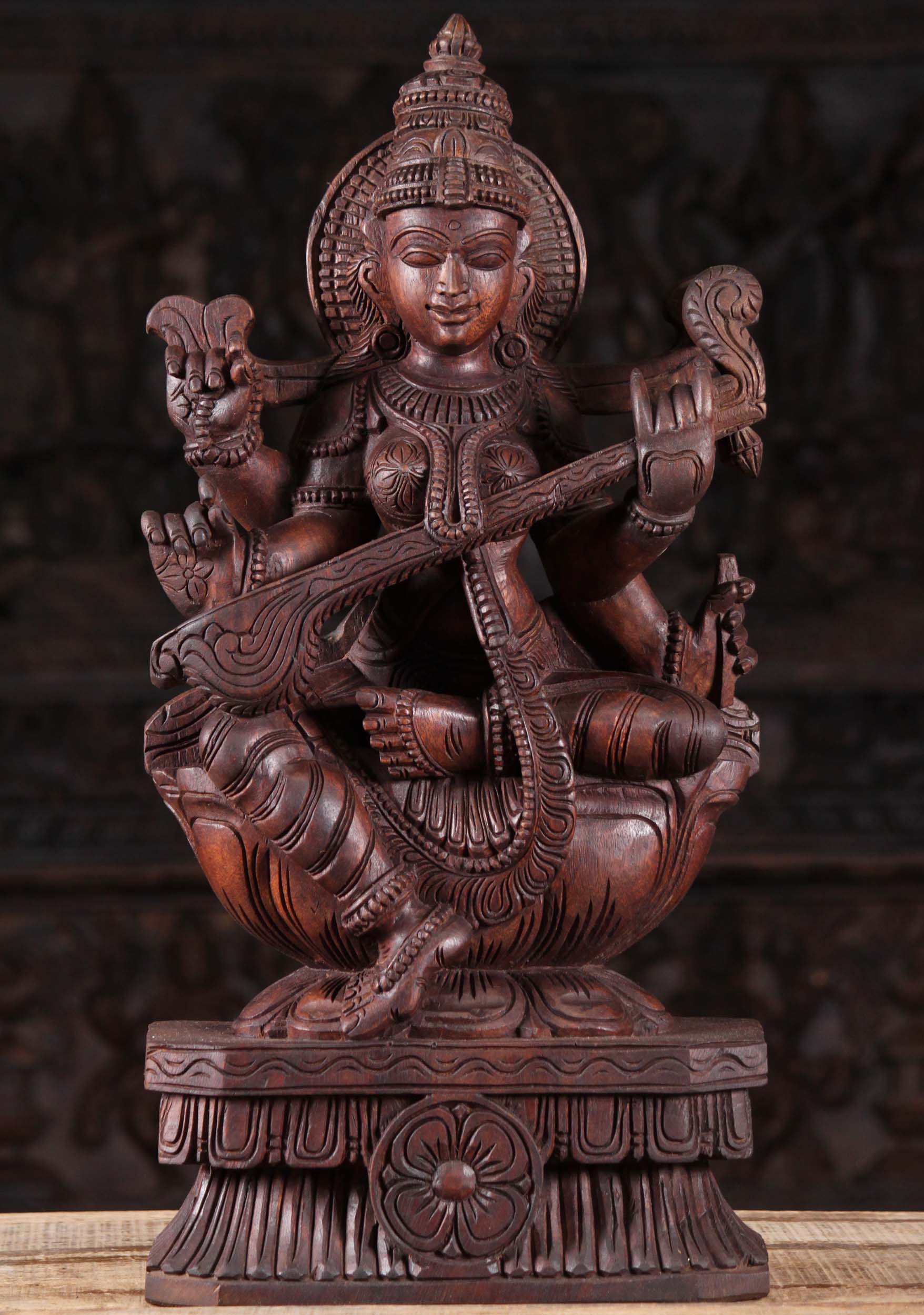 Wooden Seated Saraswati Sculpture 24"