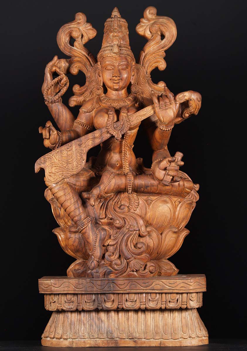 Beautiful Wood Saraswati Statue 36"