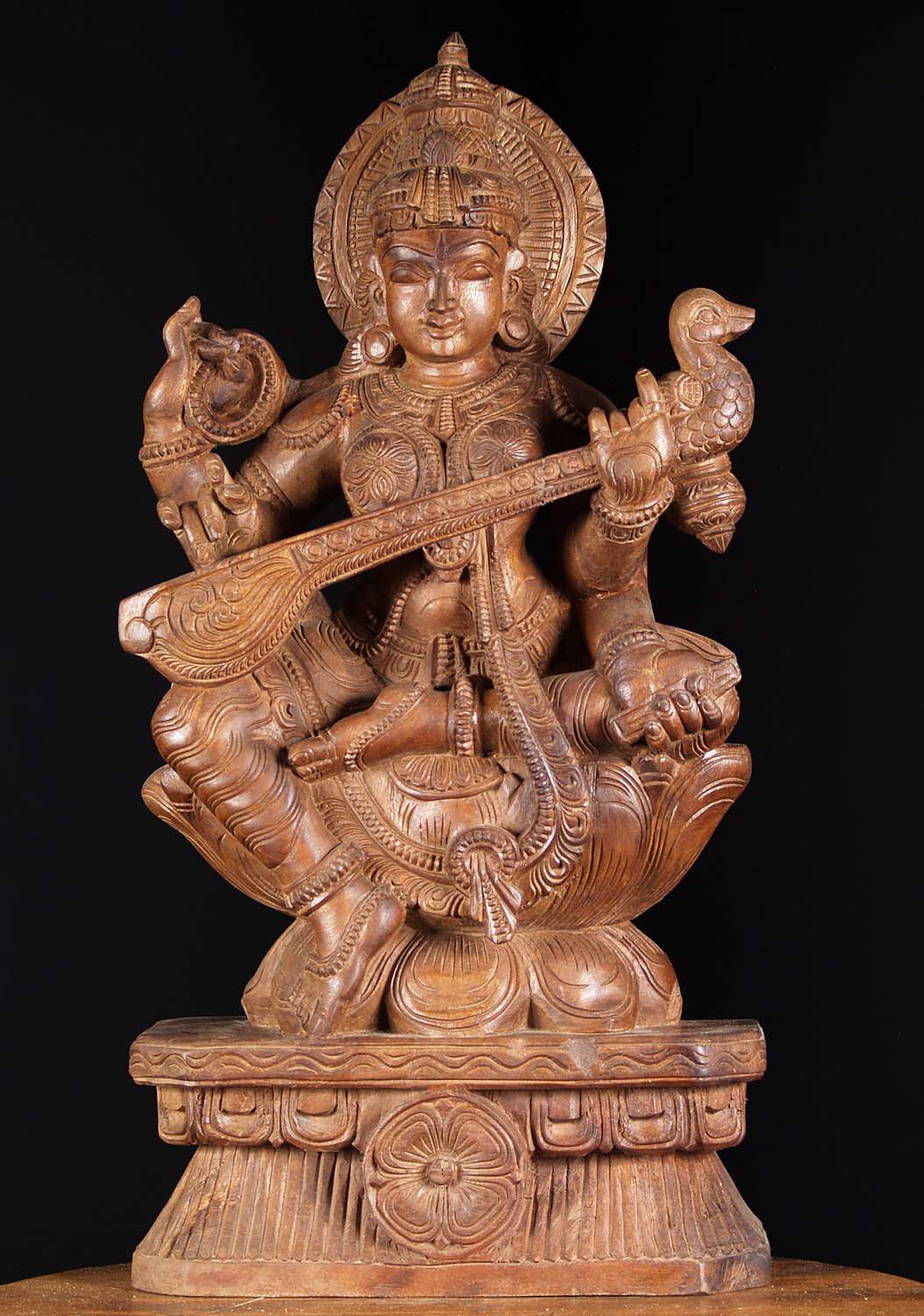 Wooden Swan Veena Saraswati Sculpture 30"