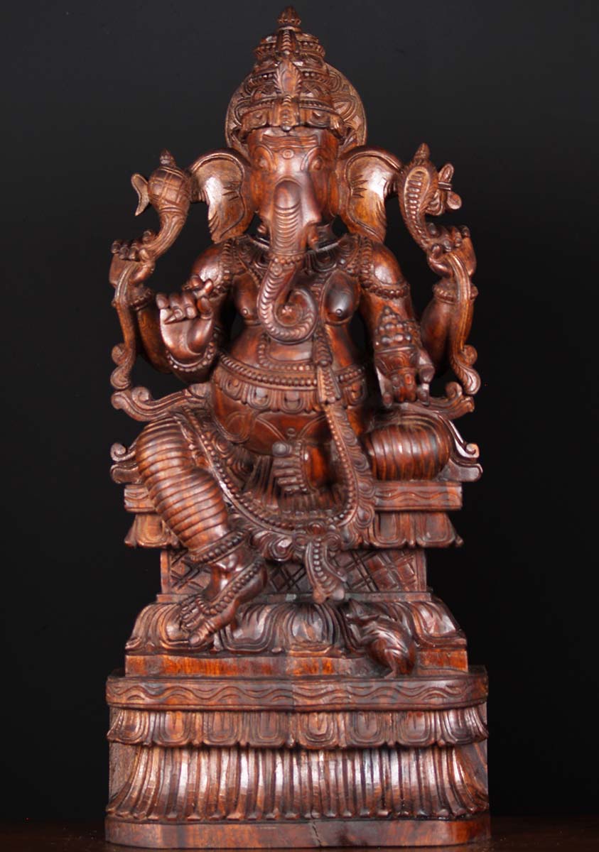 Wooden Seated Ganesha Statue 36"