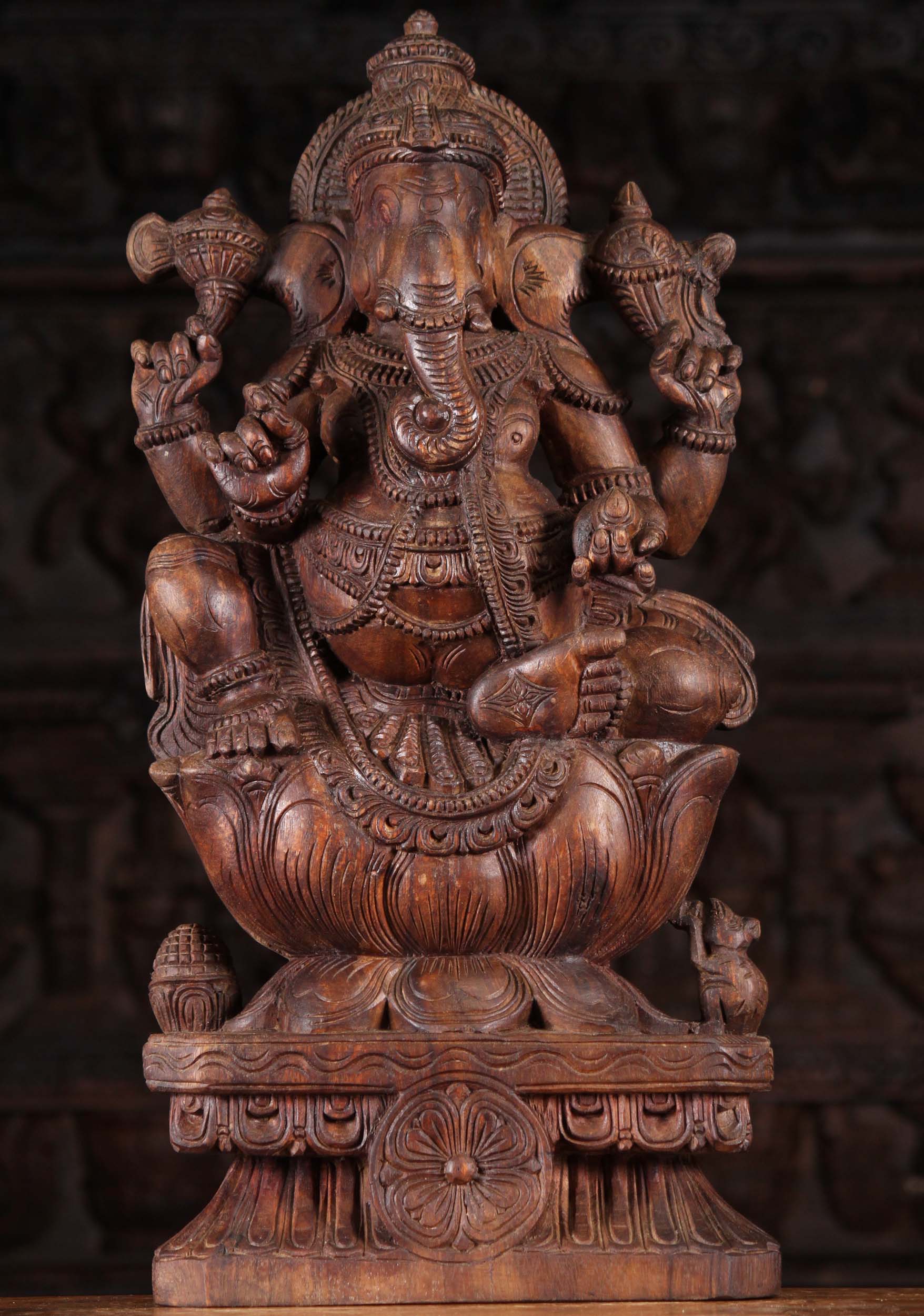 Wooden Seated Ganesha Holding Modak 24"