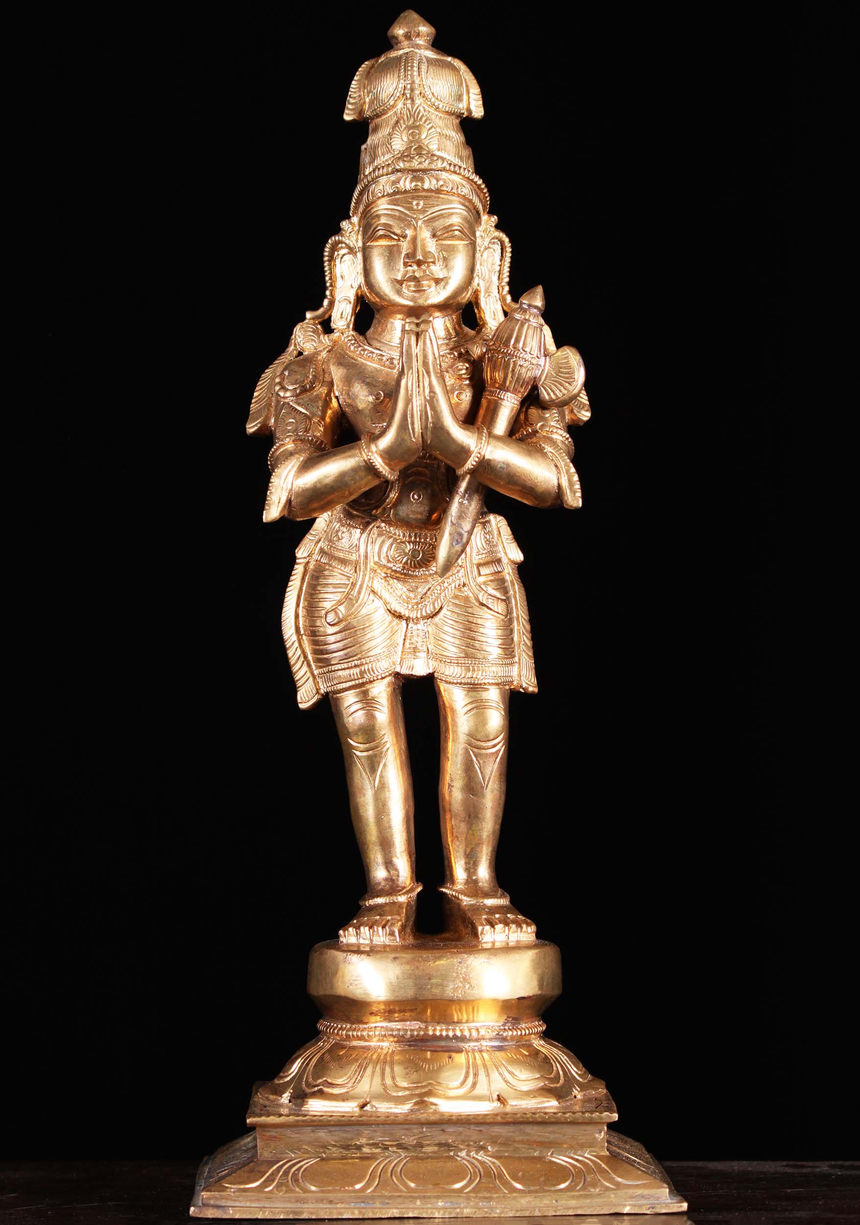 Polished Golden Bronze Shiva Statue in Namaste Hand Position or Anjali Mudra Holding Axe 12"