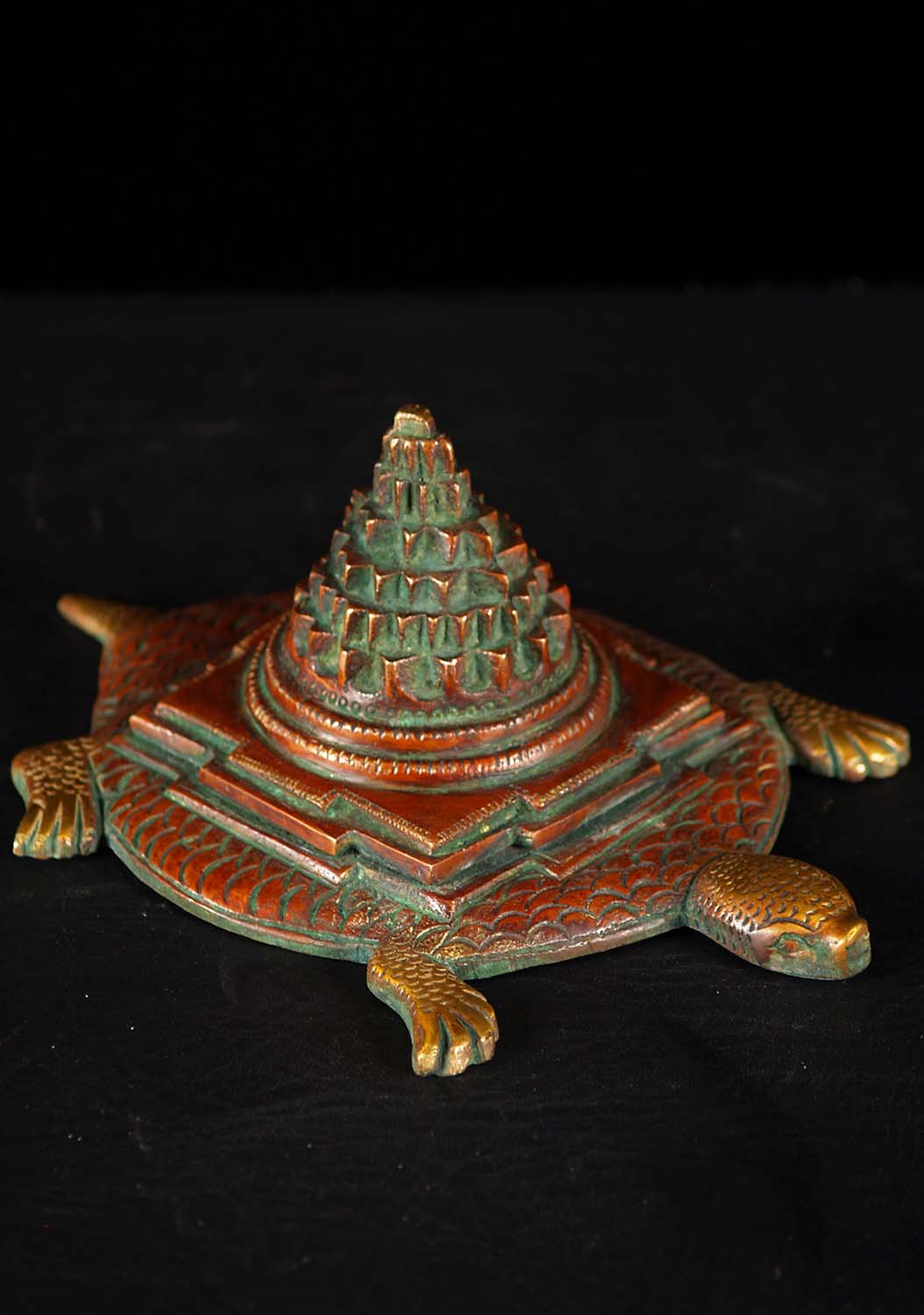 Brass Sri Yantra or Shri Chakra Instrument of Wealth With Kurma Prastha Turtle Statue 8"