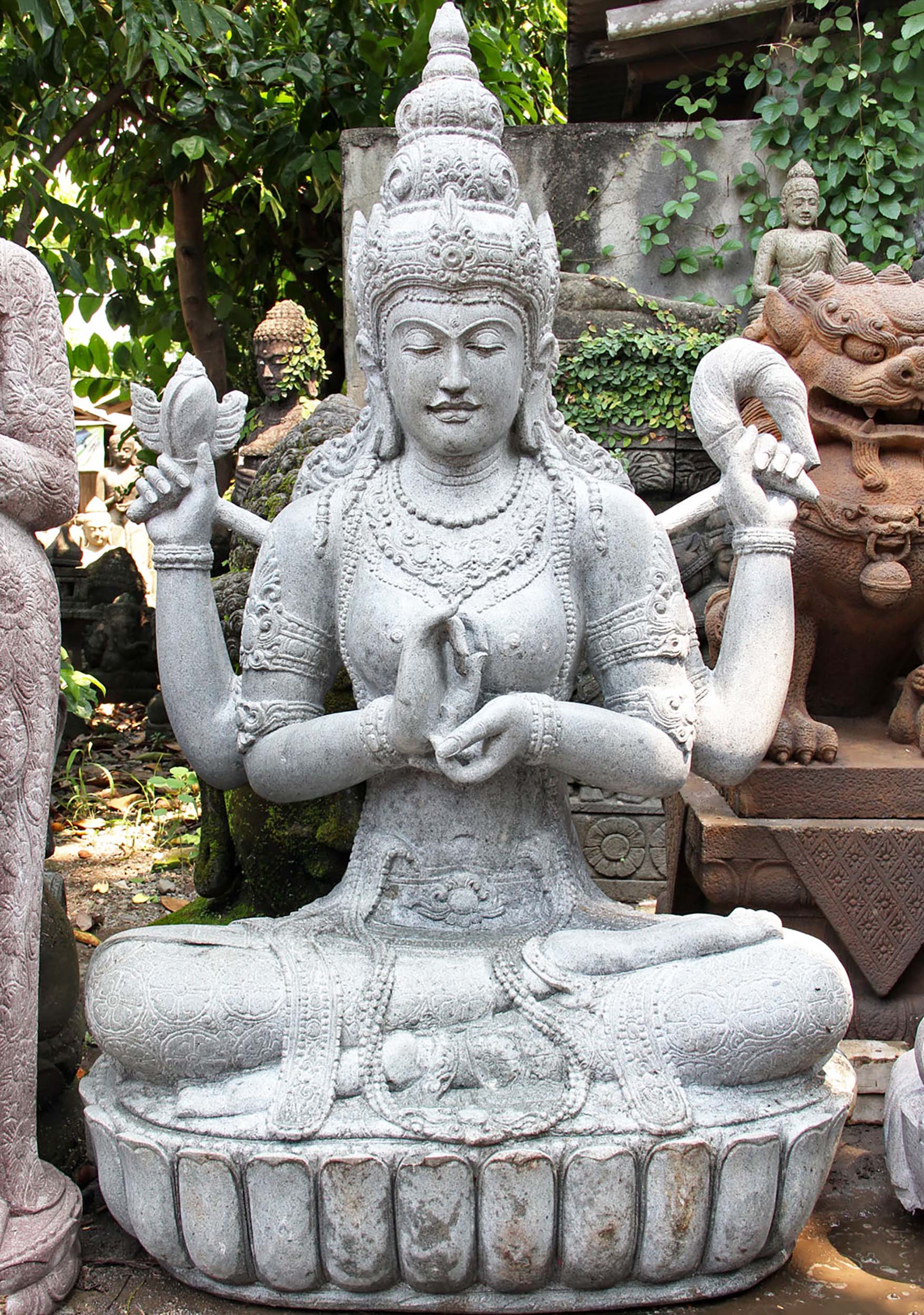 Stone Dharmachakra Lakshmi Garden Statue 61"