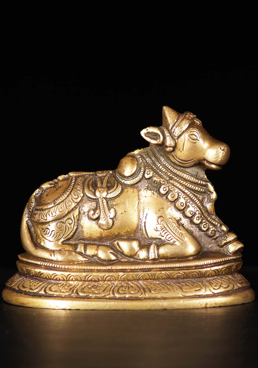 Small Brass Statue of Shiva's Bull, Nandi Lying on Lotus Base ...