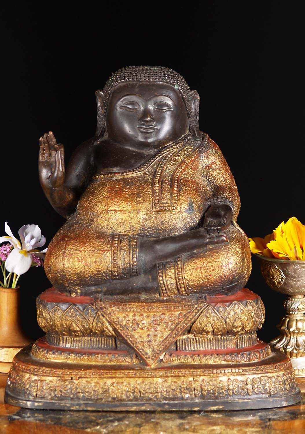 Brass Songachai Seated Fat Buddha Statue 12" (#58t7): Hindu Gods