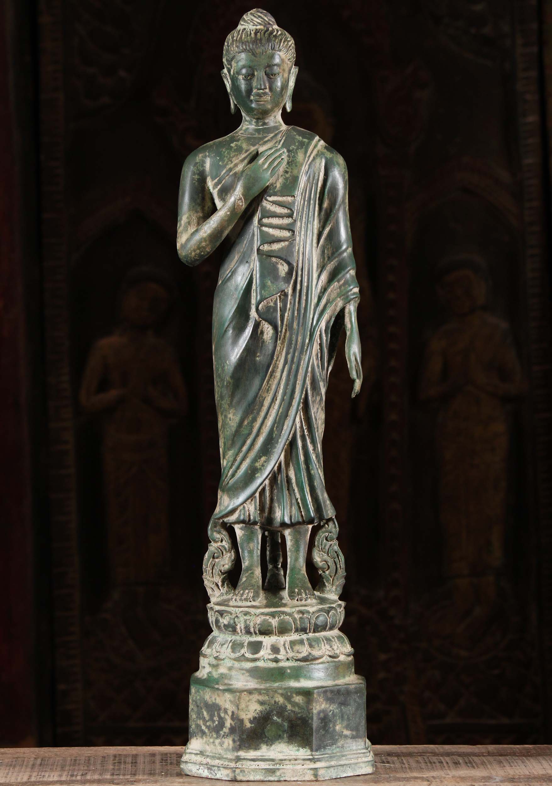 Brass Gandhara Buddha Statue Hand on Heart 23"