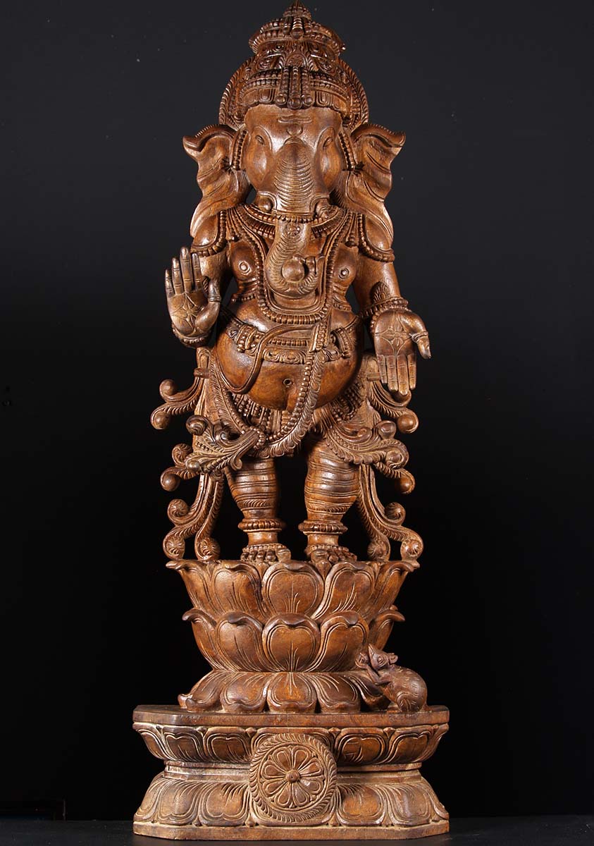 SOLD Standing Ganesh on Lotus Wooden Carving 47" (#76w10 