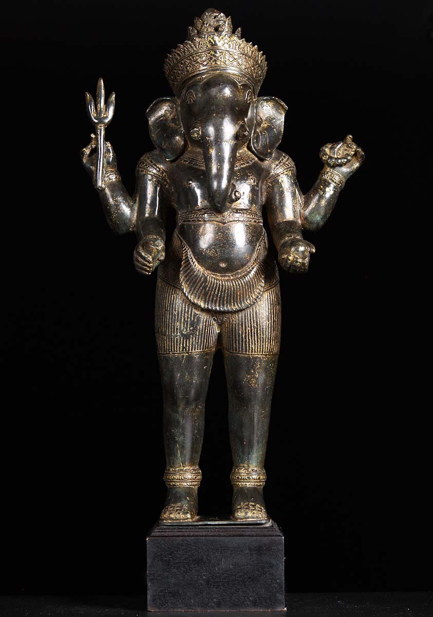 Unique & Beautiful Brass  Standing Ganesh Statue with Cambodian Style Headdress Holding Trident 23"