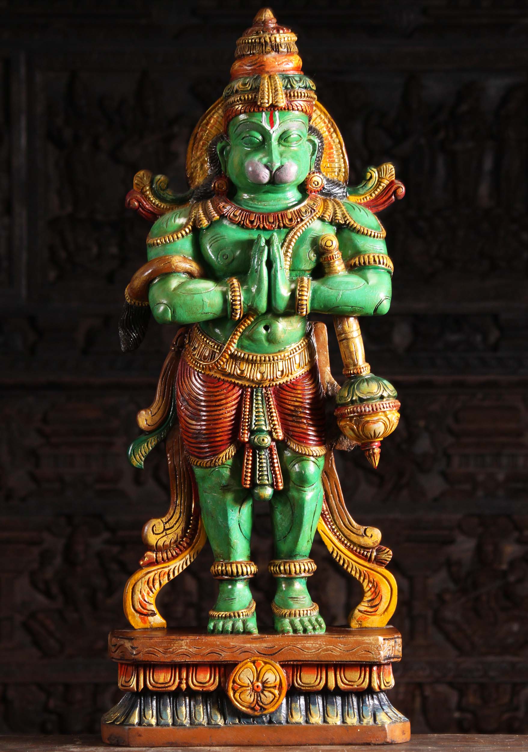 Wood Namaste Hanuman Statue Holding Club 37"