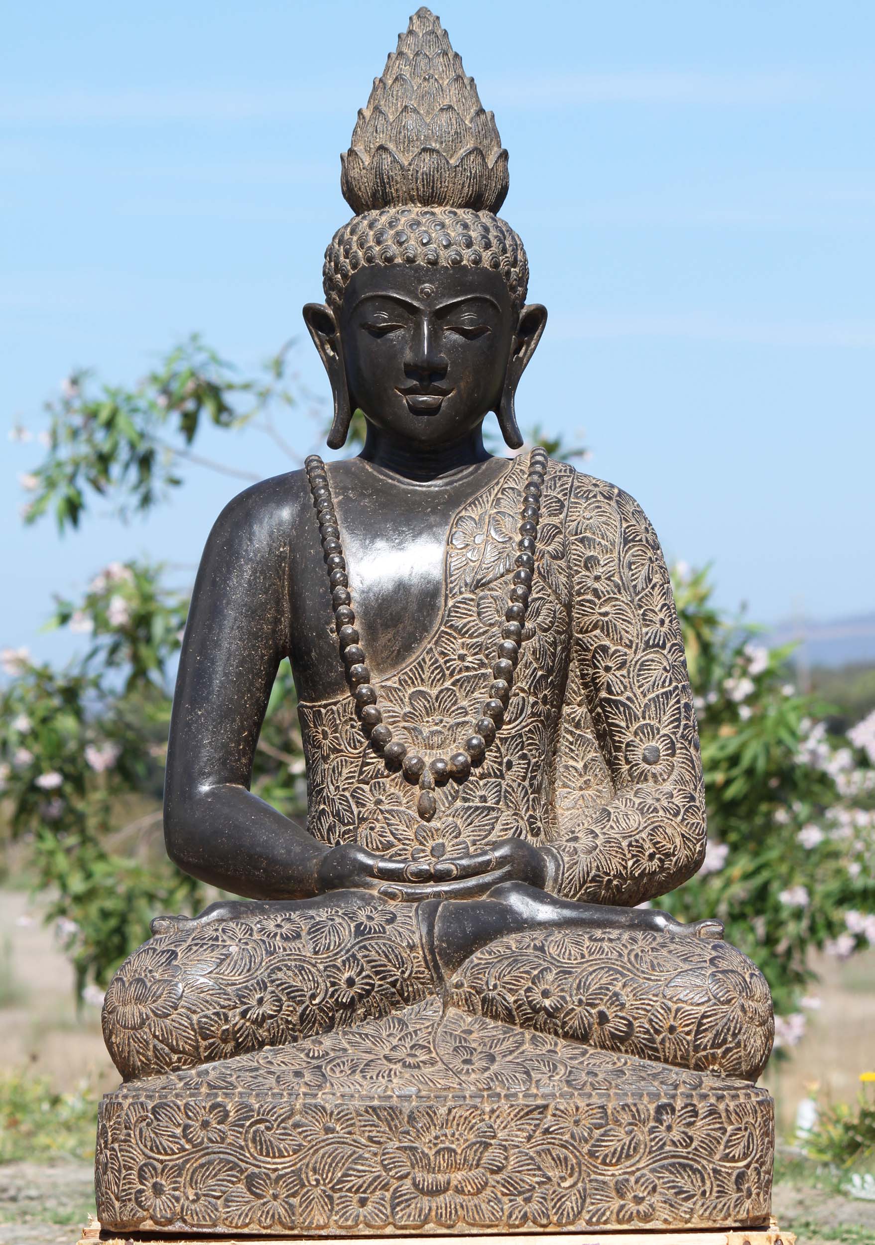 Stone Meditating Buddha with Brocade Robes 43"