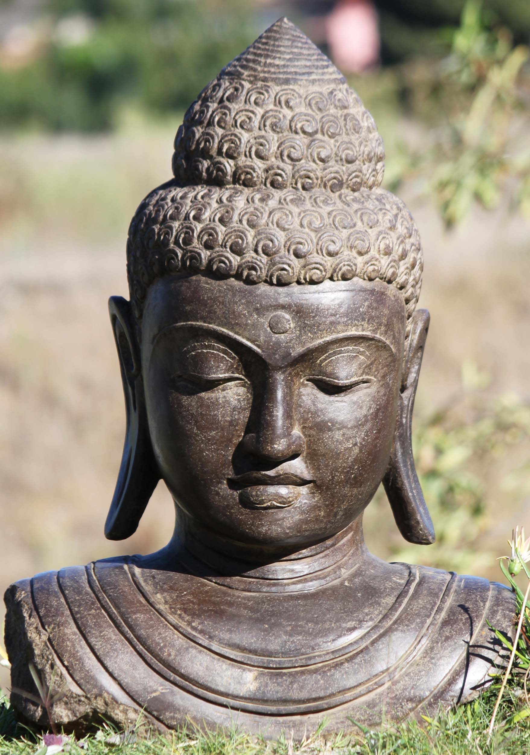 Stone Buddha Bust Garden Sculpture 28"