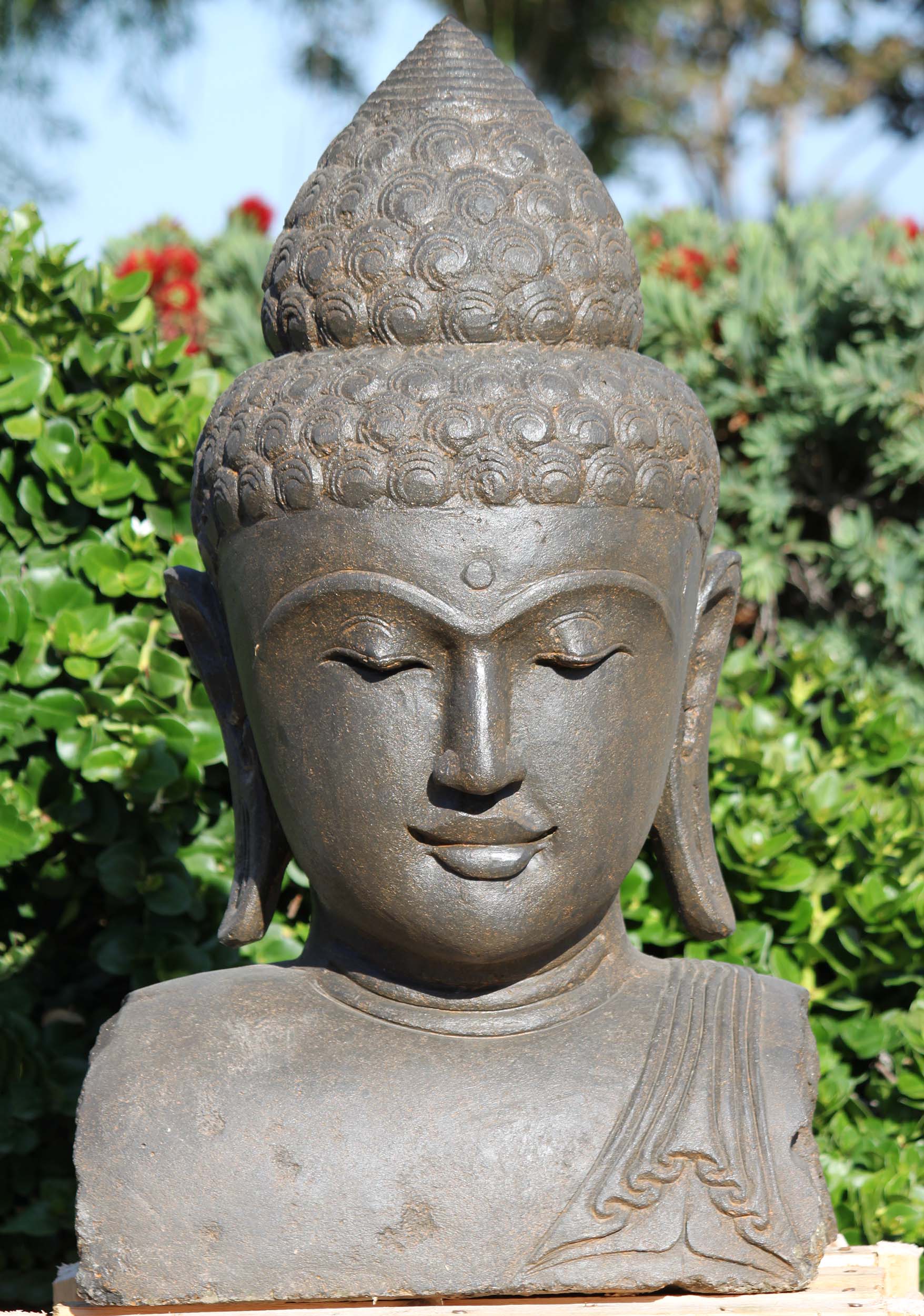 Stone Garden Buddha Bust with Third Eye 32"