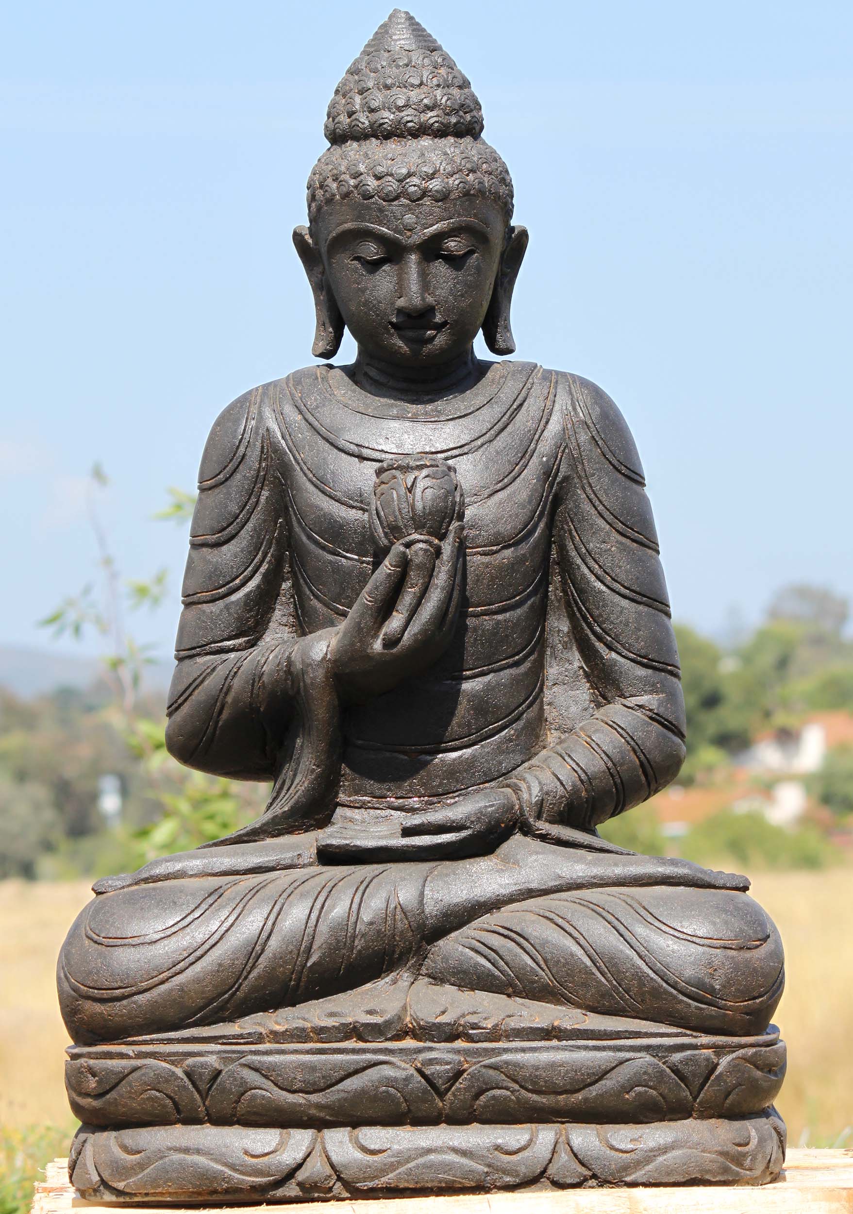 Stone Buddha Statue Holding a Lotus Flower 38"