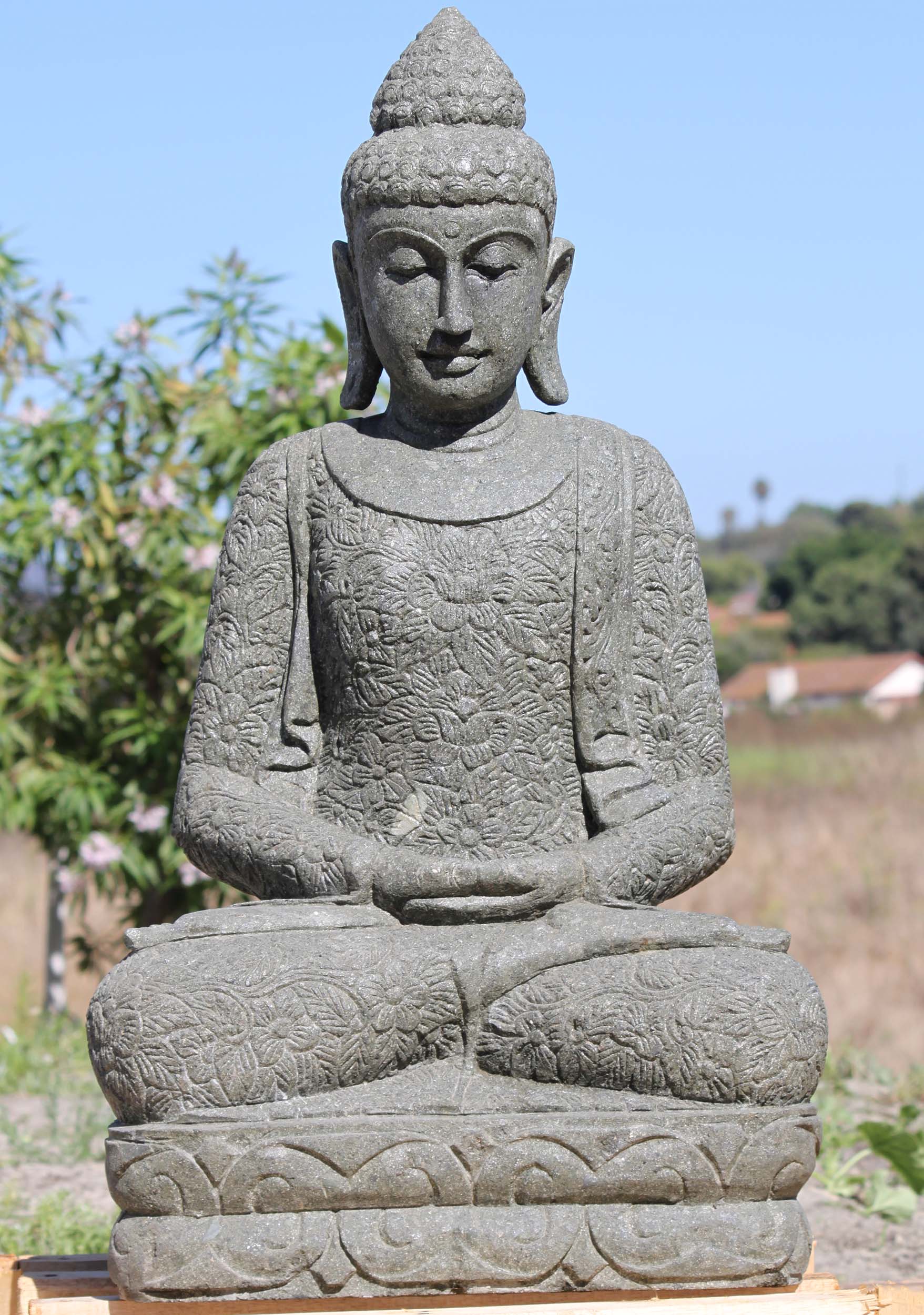 Stone Meditating Buddha with Brocade Robes 39"