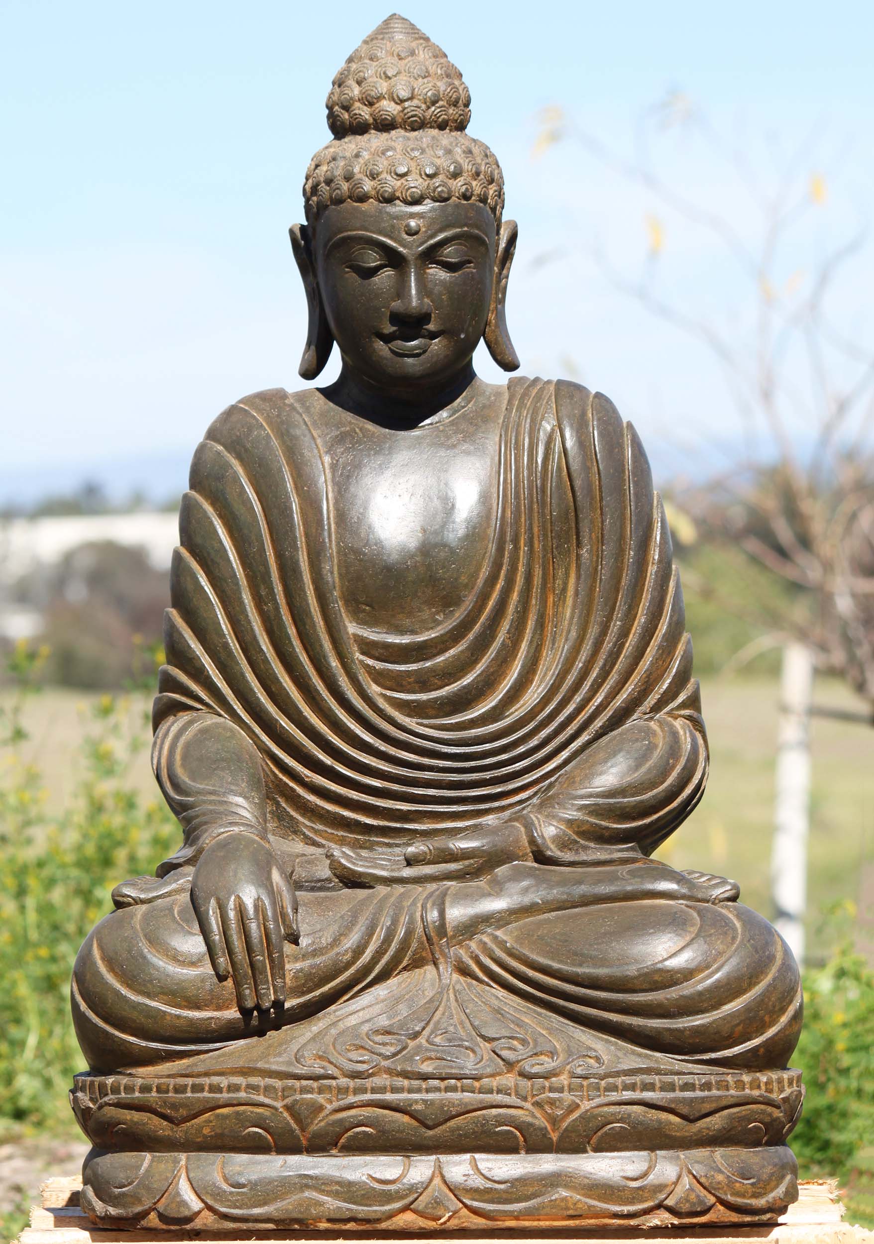 Stone Earth Touching Buddha Garden Statue 32"