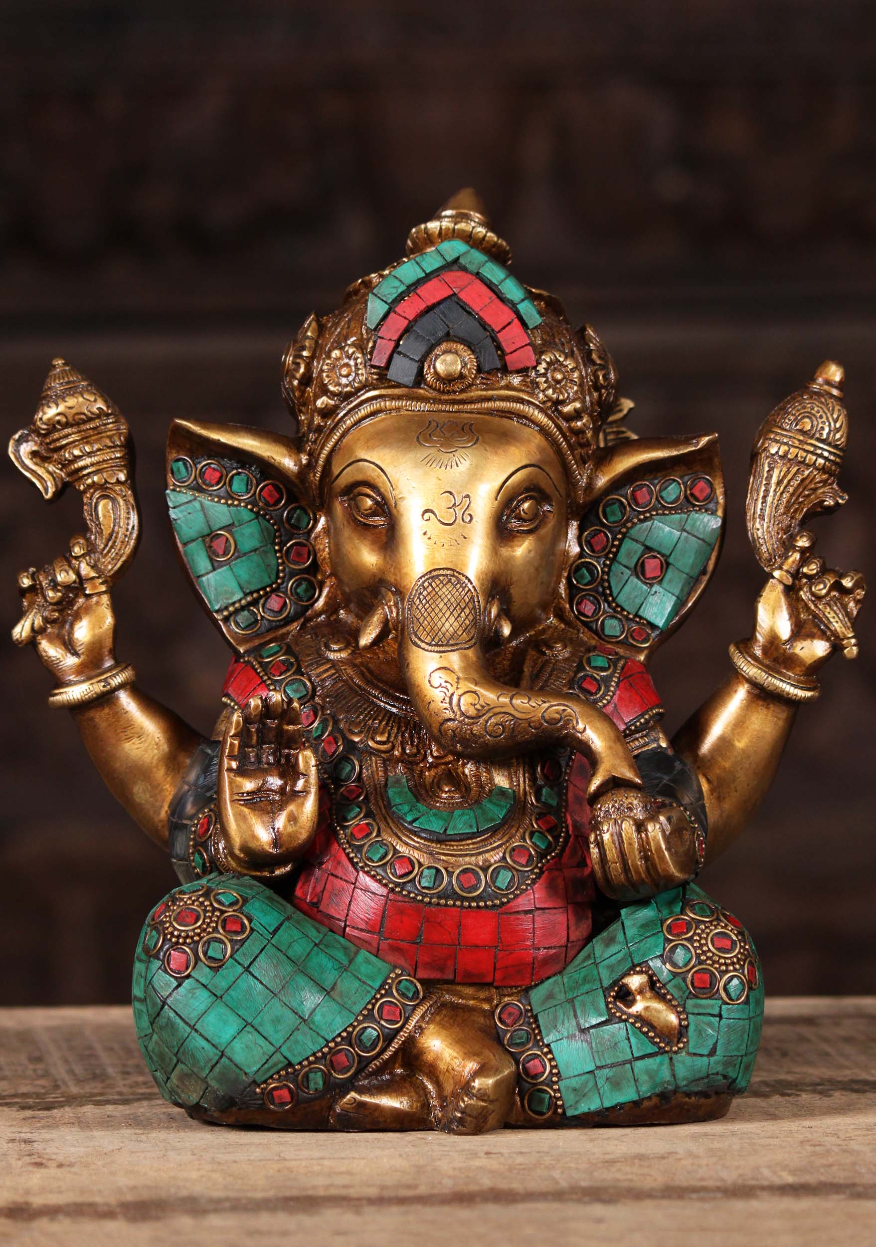 Taj Ganesha Statue with OM & Trident on Trunk Brass Decorated with Colorful Stones 9"