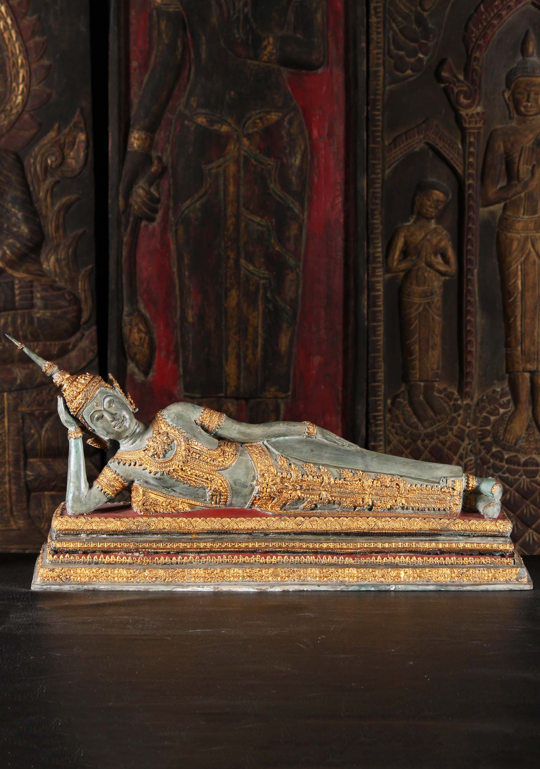 Thai Brass Royal Reclining Buddha Statue 25"