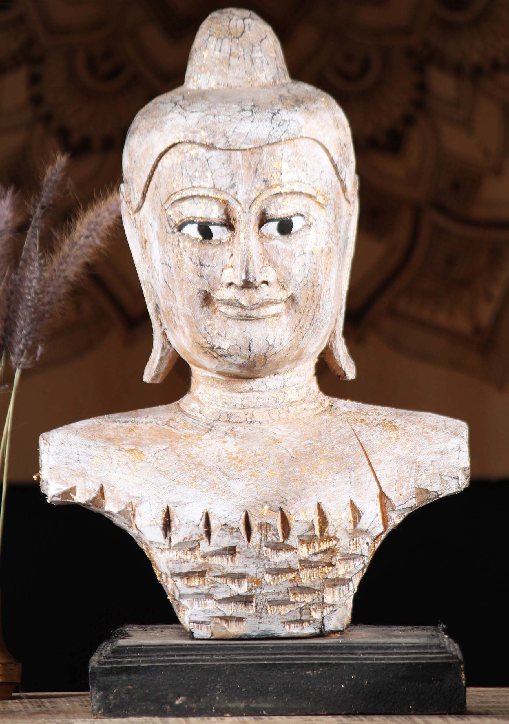 Wooden Thai Buddha Bust on Stand 19"