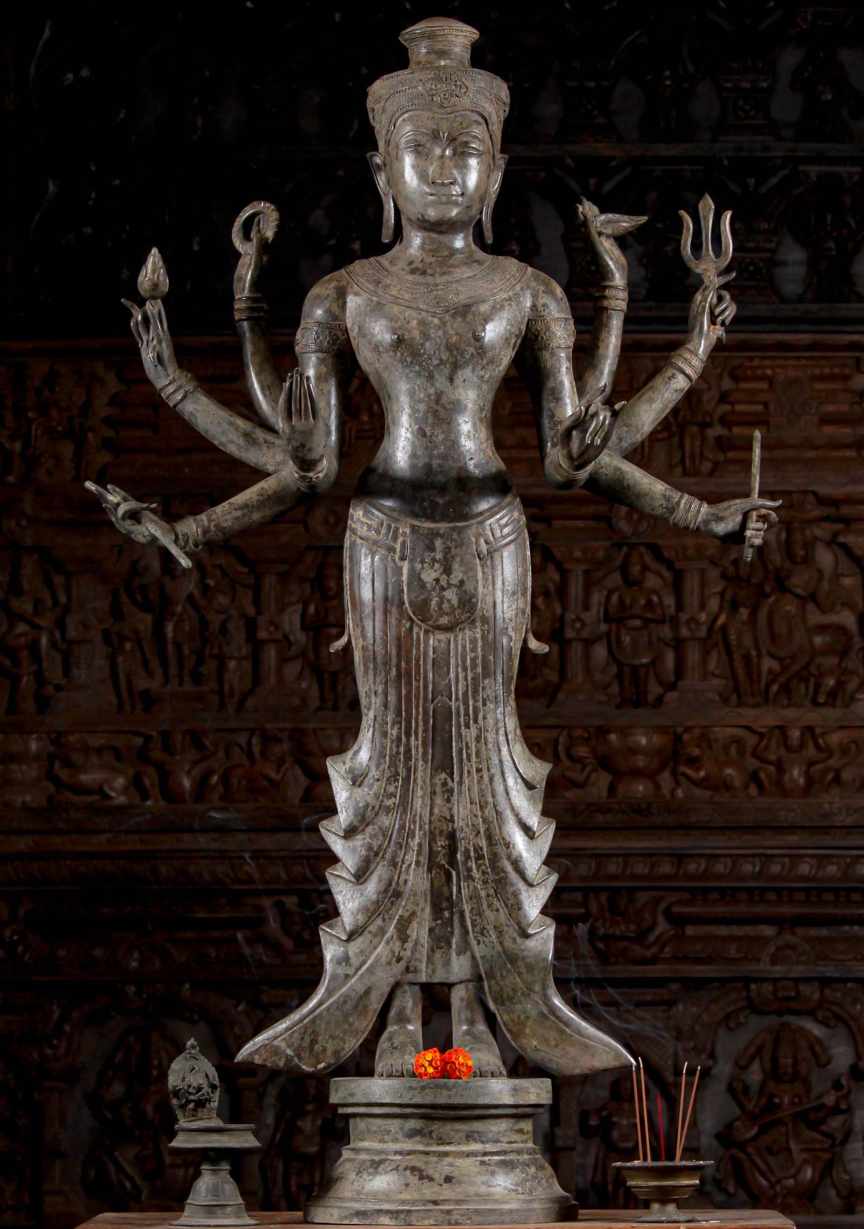 Brass 8 Armed Vishnu Statue Holding Trident, Lotus Flower, Discus, Conch &  Ghandi Stick 50