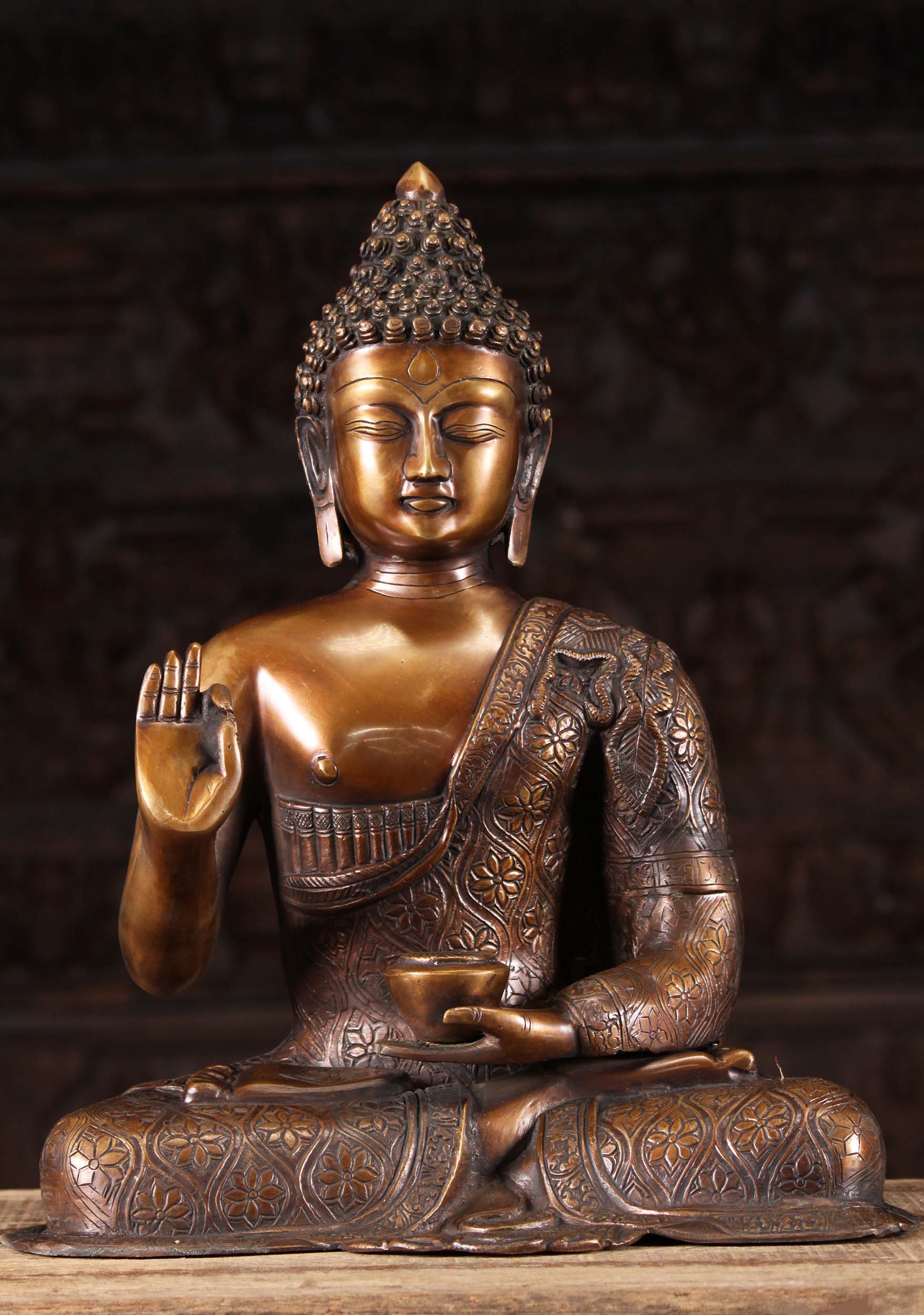 Buddha in Teaching Vitarka Mudra Holding Alms Bowl Brass Seated Sculpture 18"