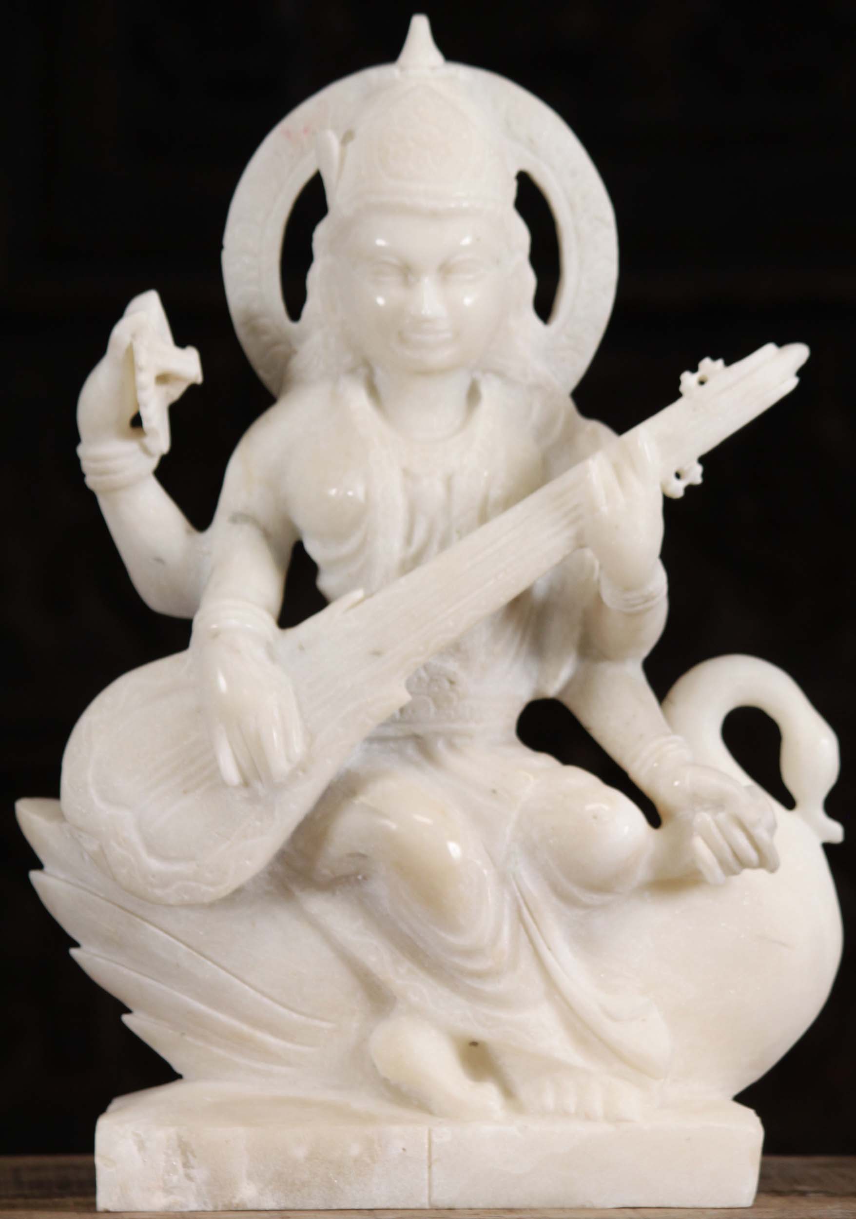 White Marble Saraswati Statue on Swan 18"