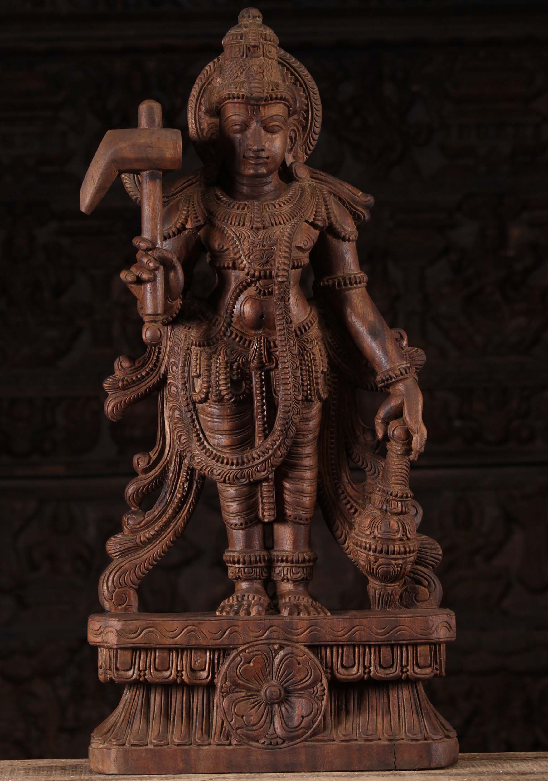 Wood Balarama Statue Holding Plough 30"