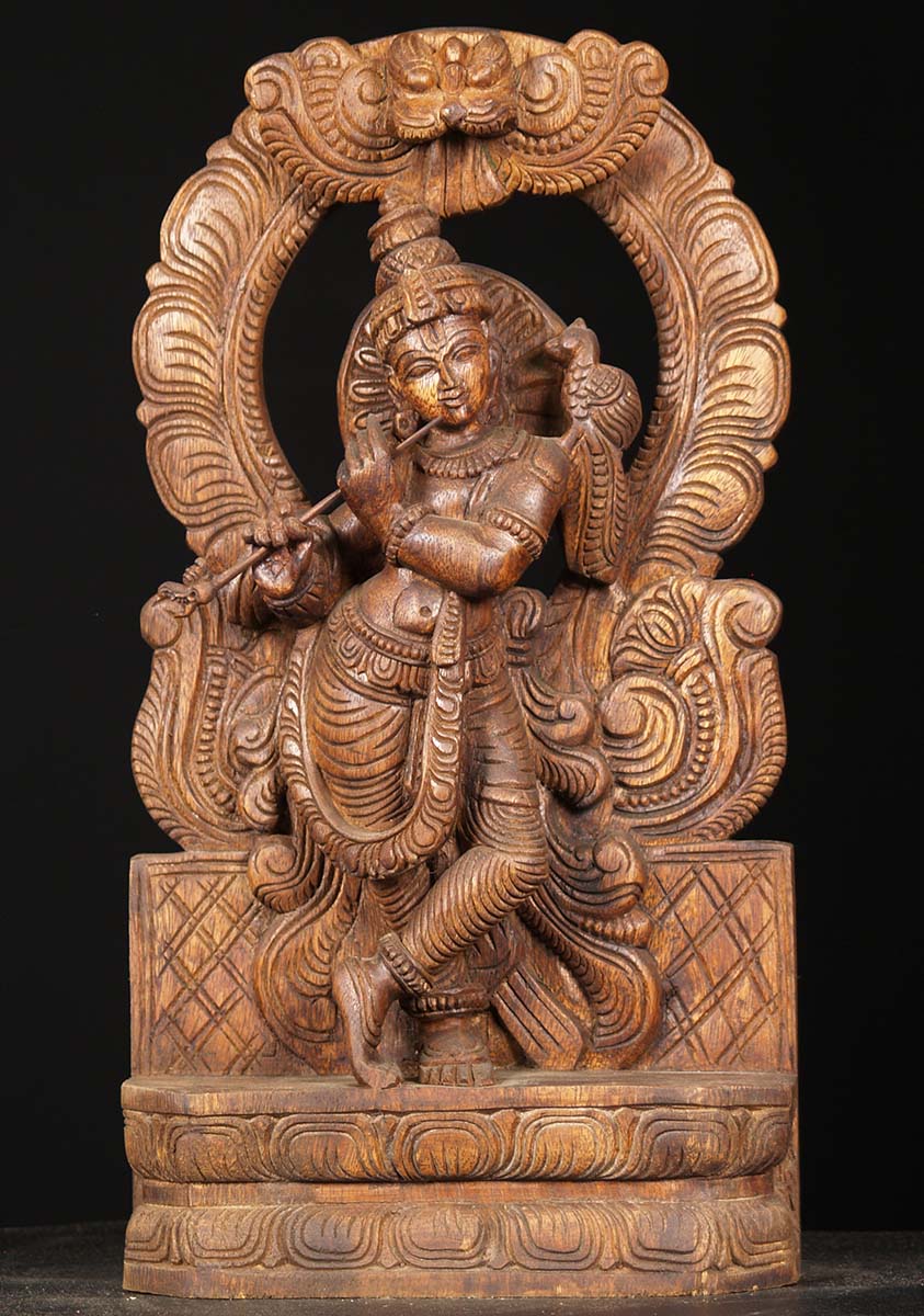 SOLD Wood Carving Krishna With Peacock 18" (#76w6bb): Hindu Gods
