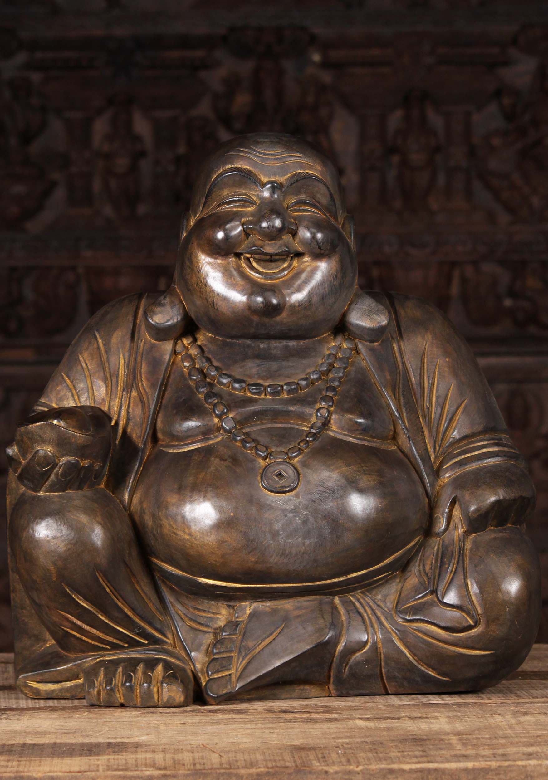 Wooden Hotei Buddha of Wealth Statue 19"