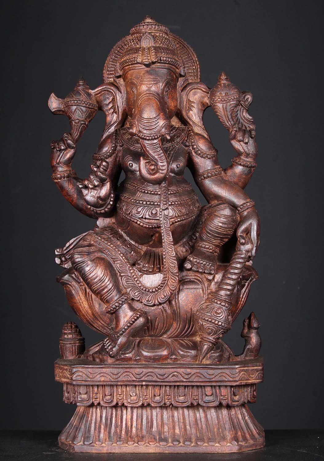 Wood Ganesh Carving Holding Club 24"