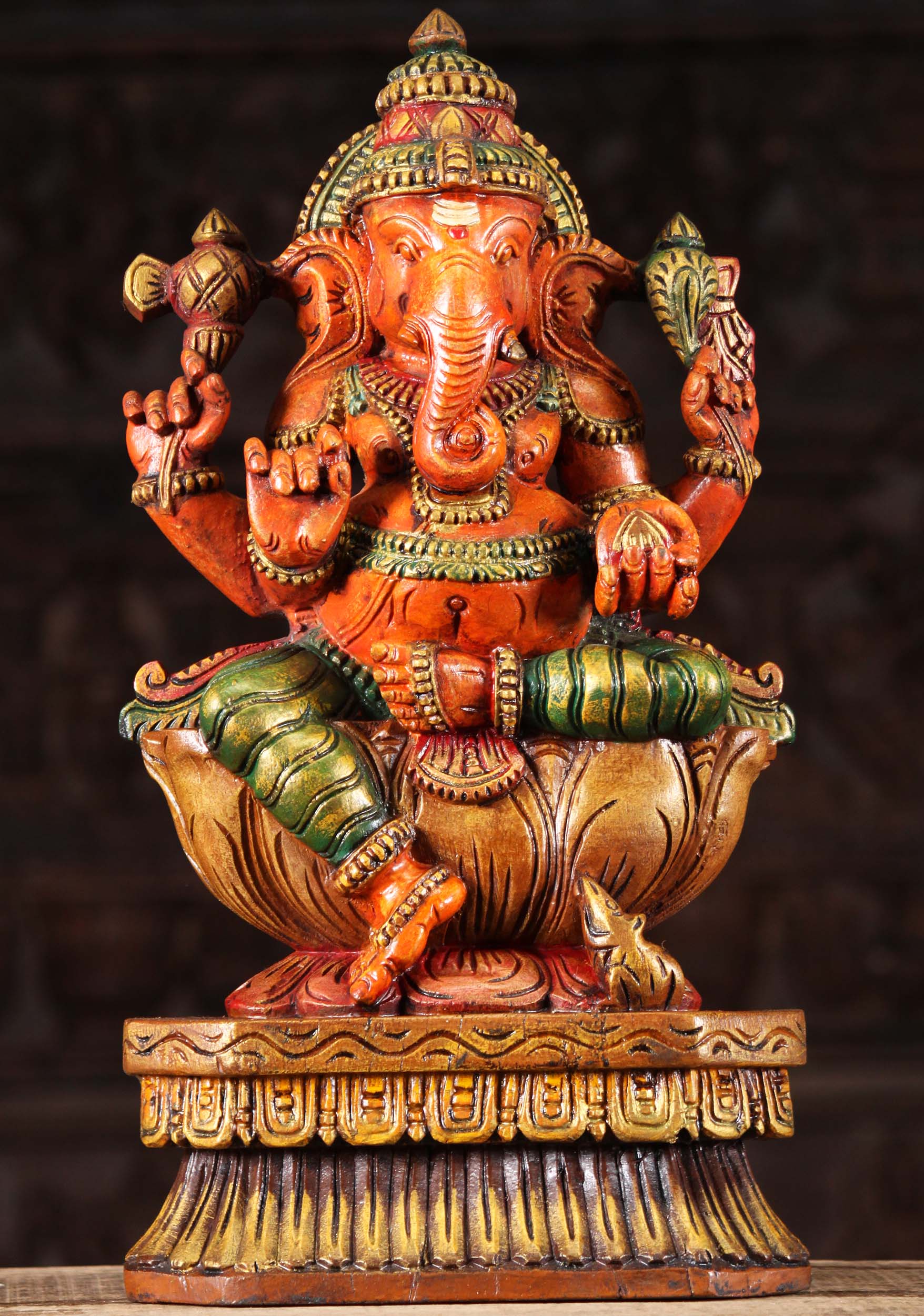 Wood Ganesh Holding Mango Statue 18"