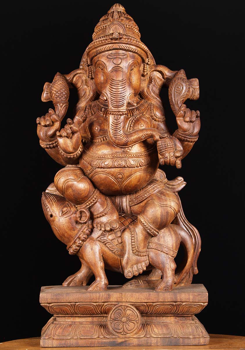Wood Ganesha Seated on Rat Carving 24"