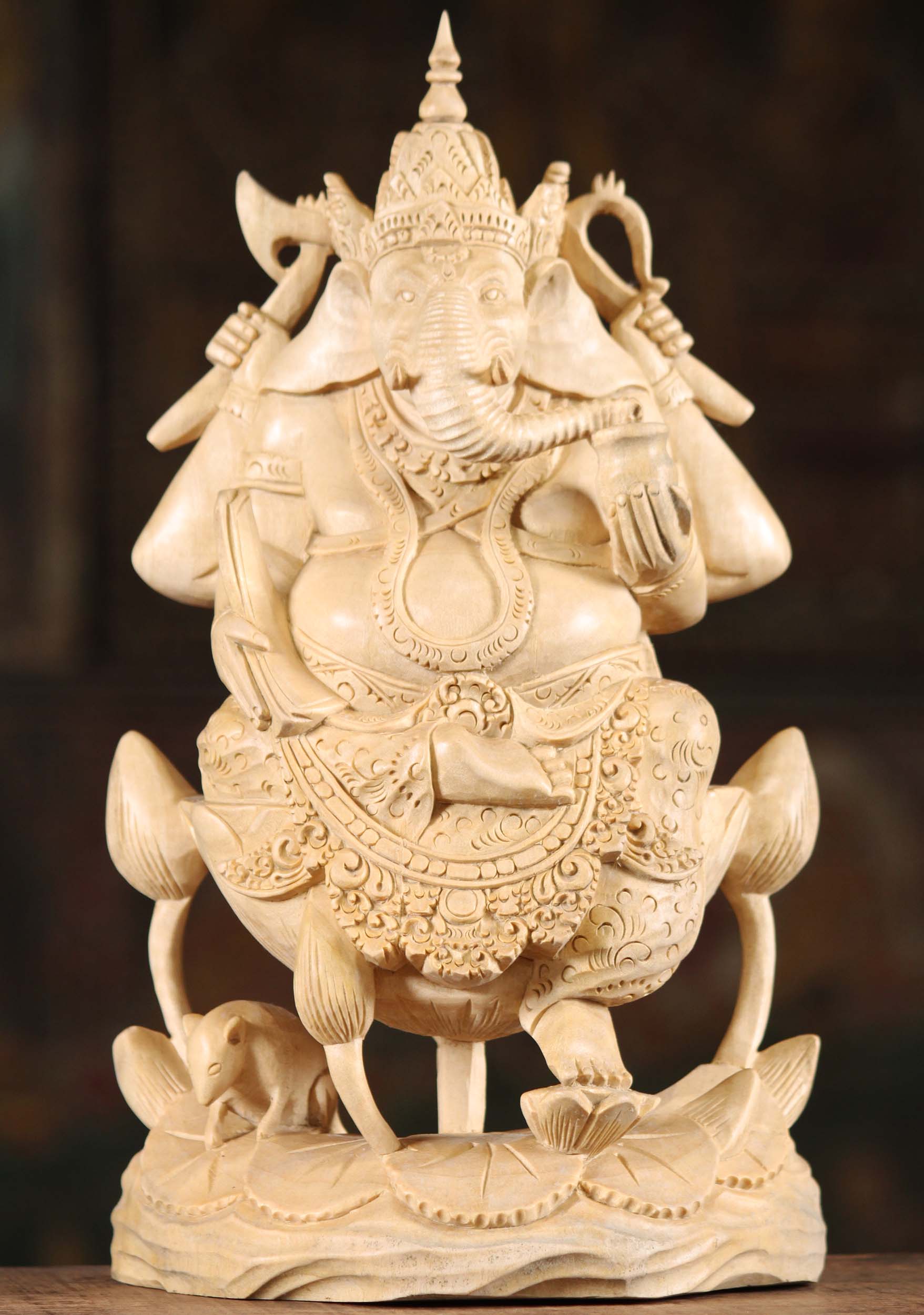 Unique Wood Ganesha Sculpture Seated on Elevated Lotus Flower With Mooshika 13"