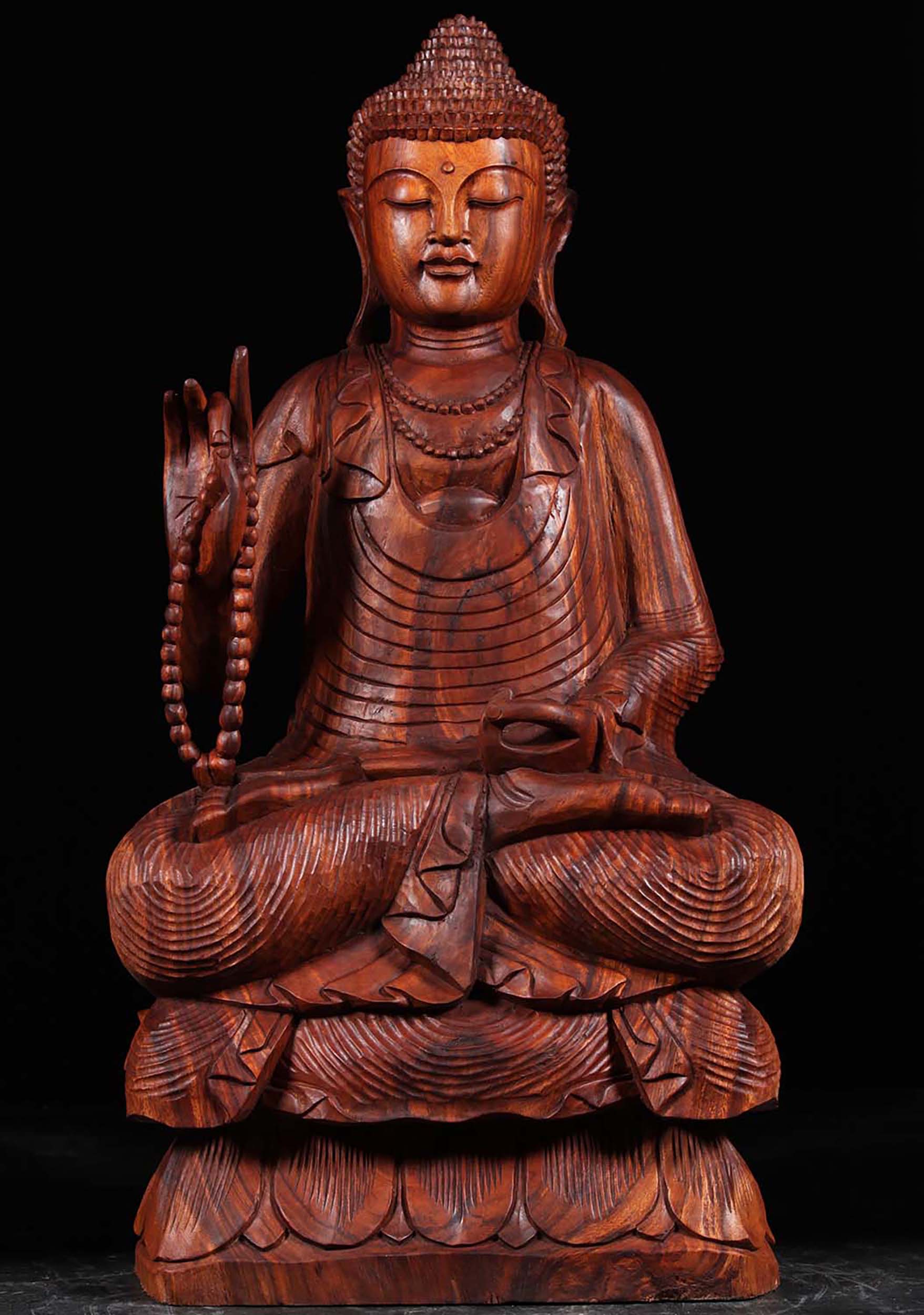 Wood Teaching Buddha Statue with Mala Beads 44"