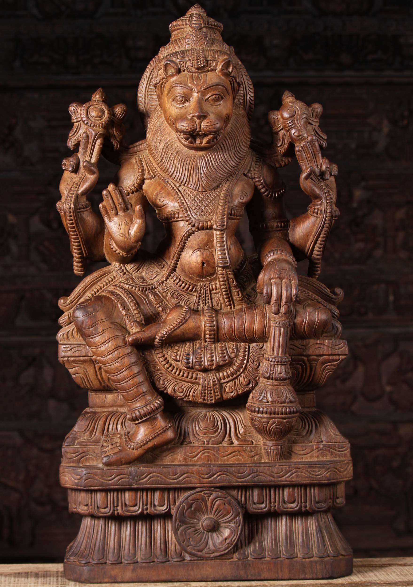 Wood Narasimha Statue Holding Club 30"