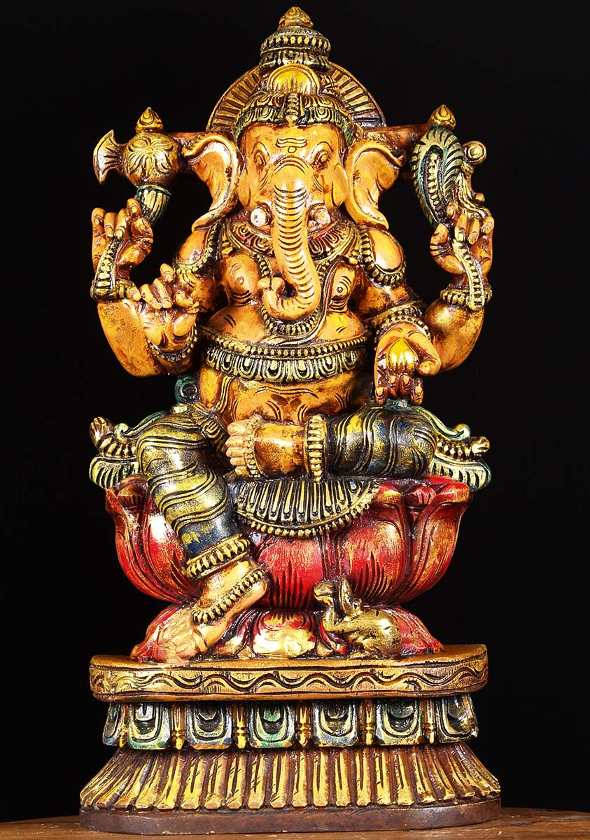 SOLD Wood Painted Ganesha Statue 24" (#76w1bk): Hindu Gods & Buddha Statues