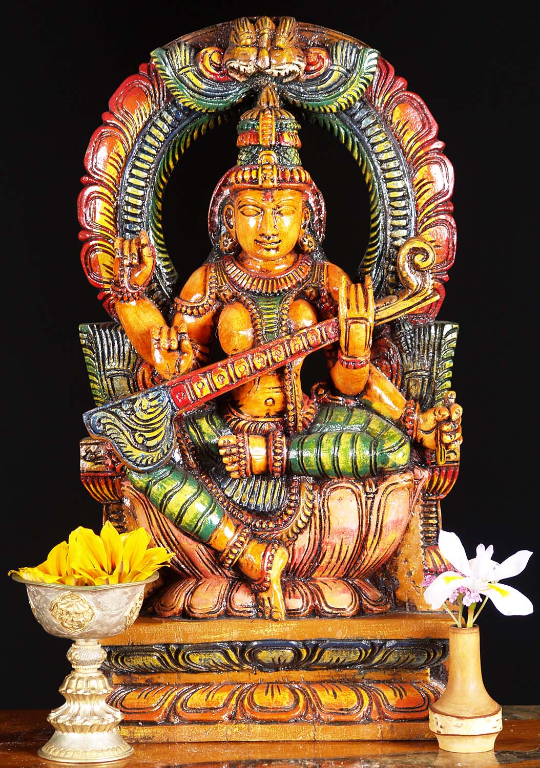 Wood Saraswati Playing the Veena Statue 18"