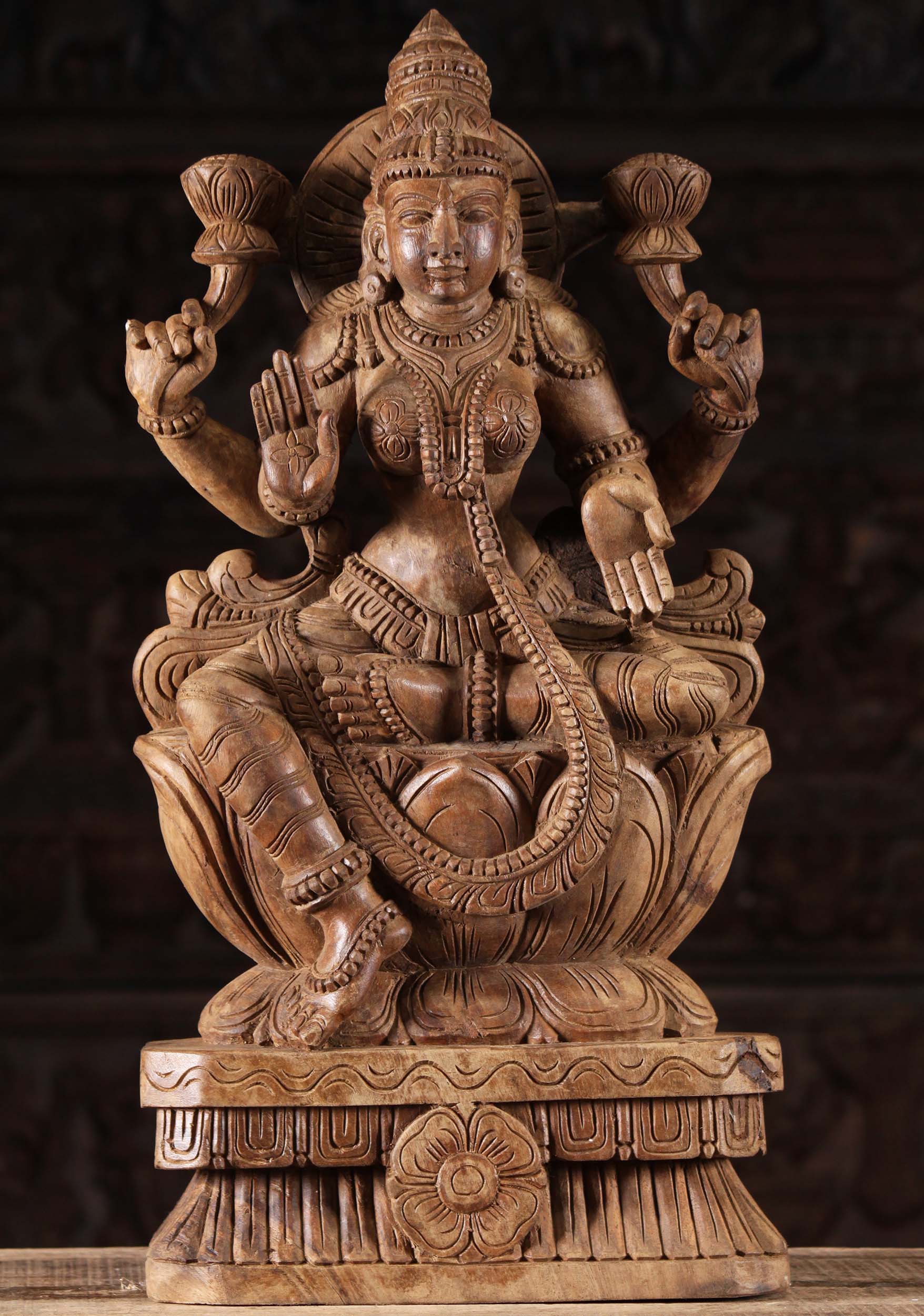 Wooden Seated Lakshmi Statue on Lotus 24"