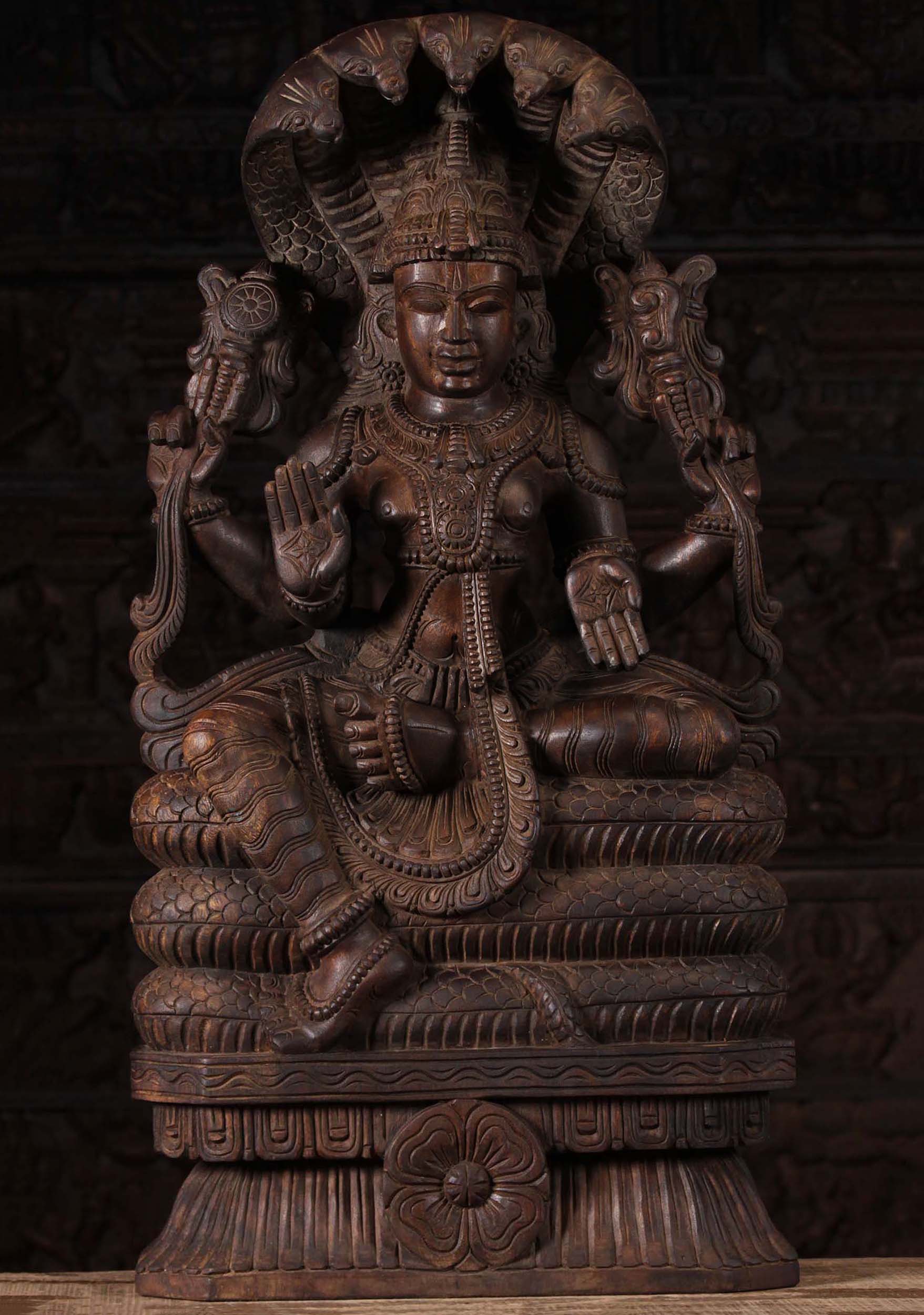 Wood Vishnu Seated on Ananta Shesha Statue 36"