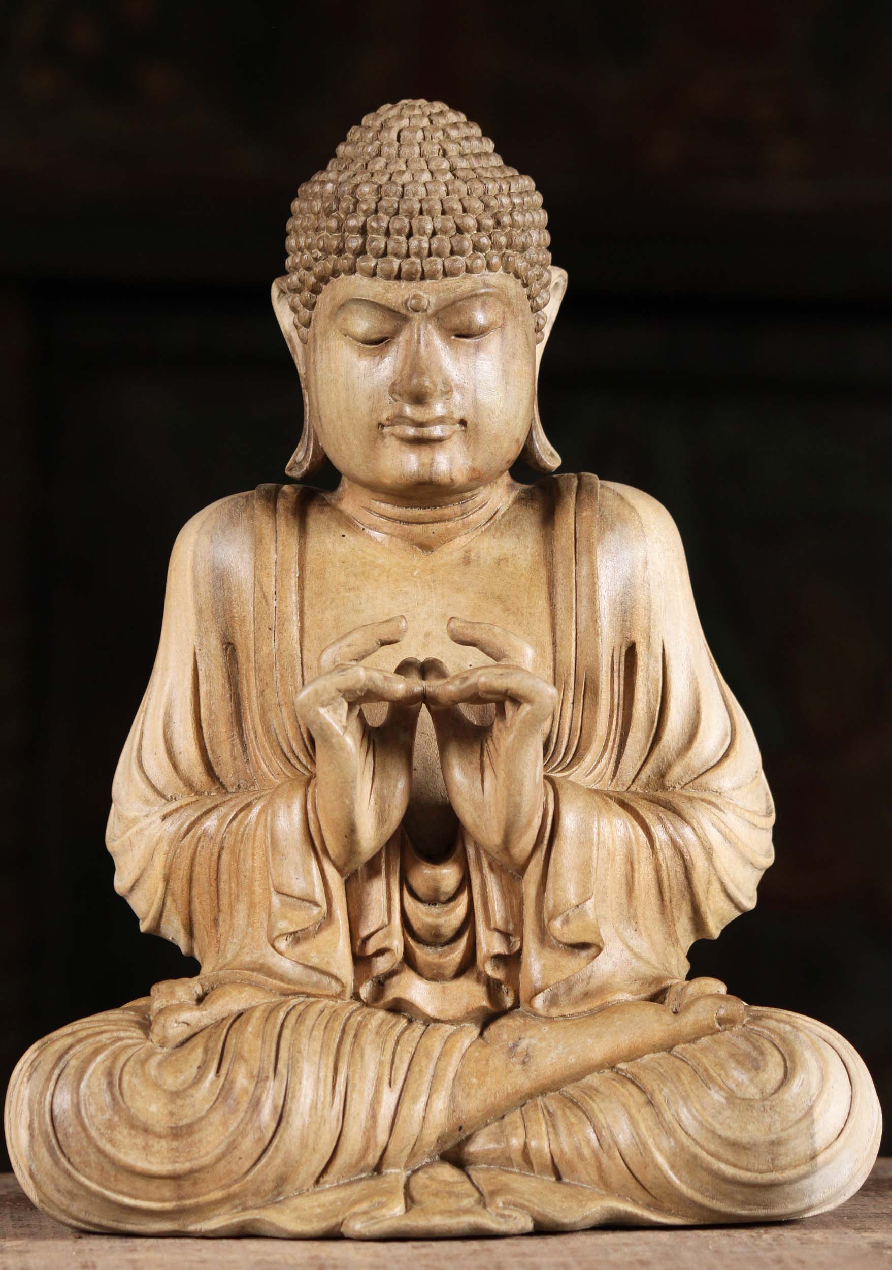 Wood Buddha Statue with Hands In Heart Shape 10"