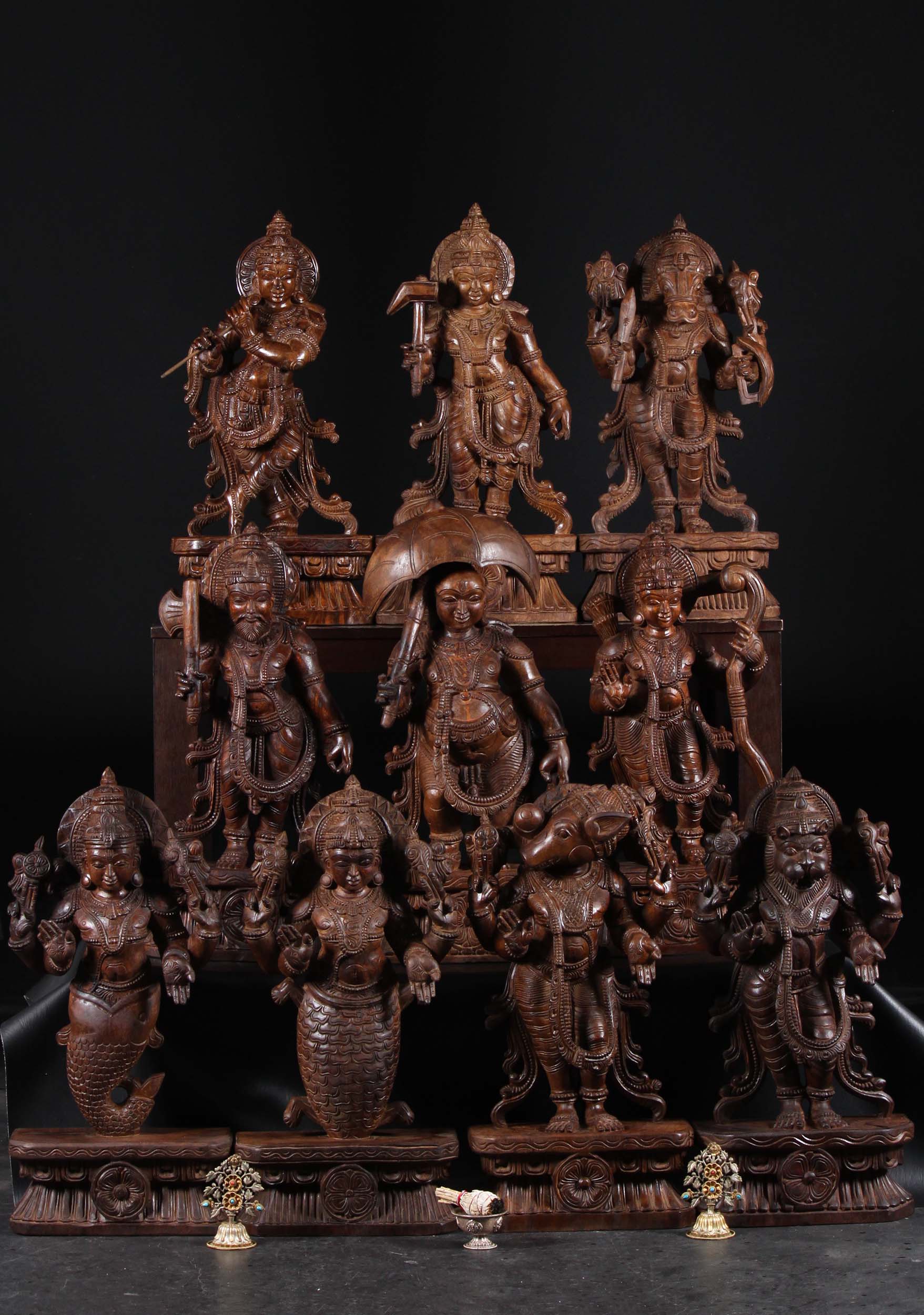 Wood Dasavatar Set of 10 Vishnu Avatar Statues 24"