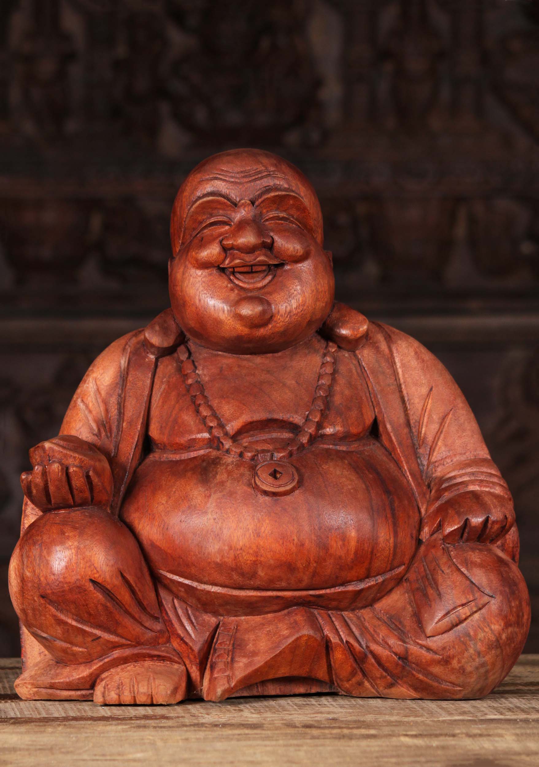 Wooden Fat Hotei Buddha of Wealth Statue 16"