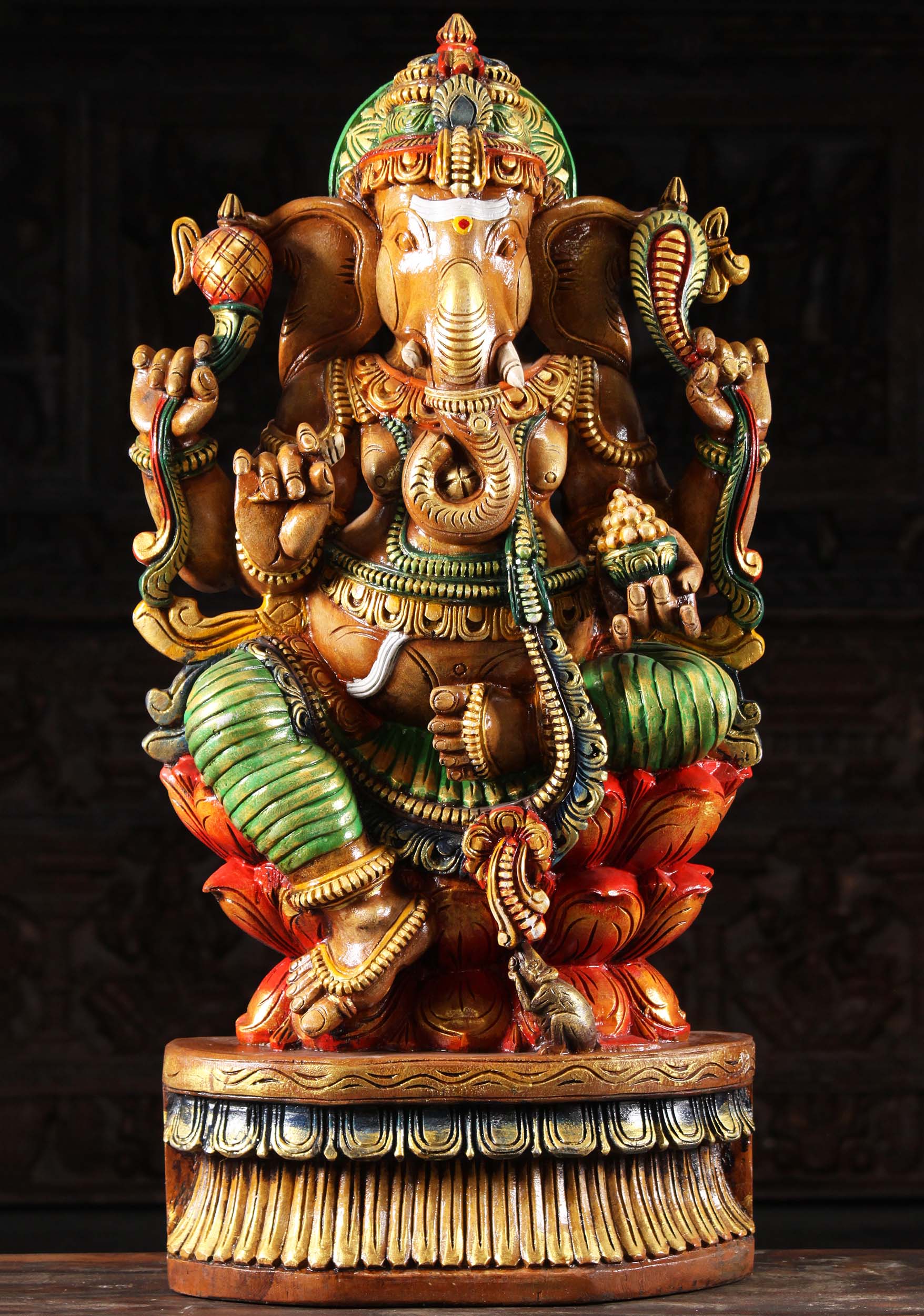 SOLD Wood Ganesh Holding Bowl Filled with Laddus 36" (#98w9g): Hindu